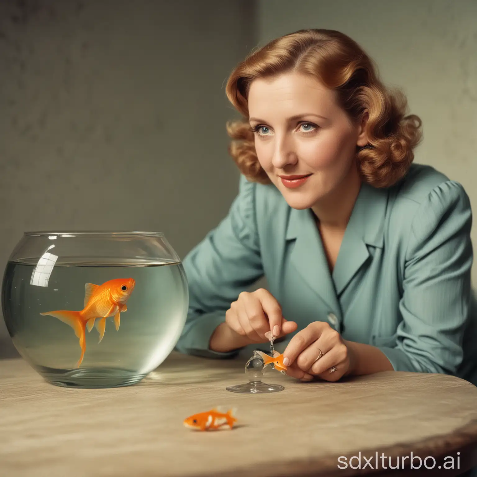 old color photo depicting eva braun beside a goldfish in a bowl