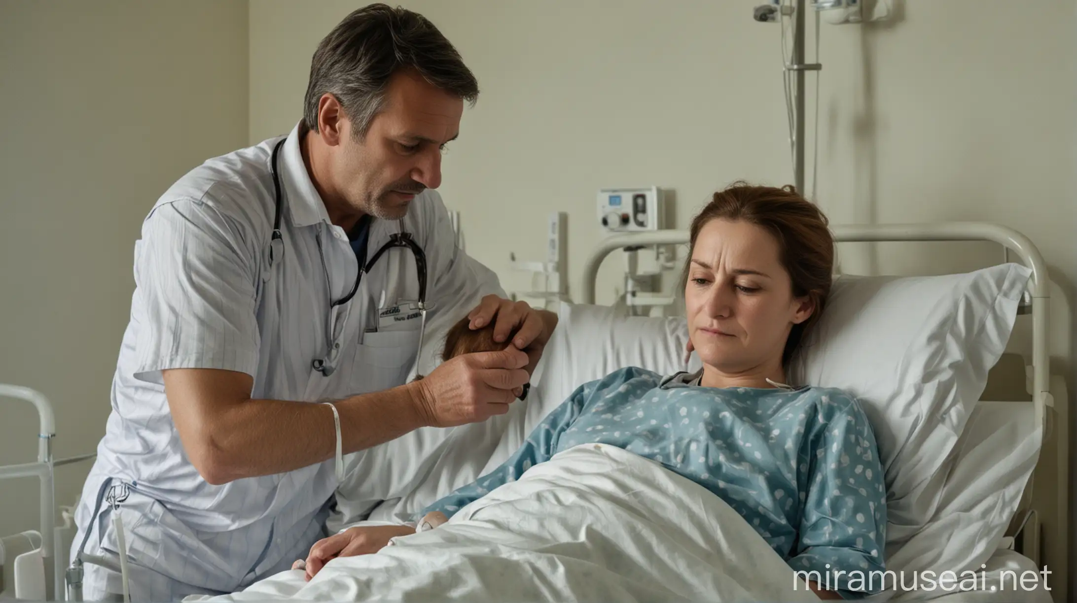 MiddleAged Man Caring for Sick Woman in Hospital