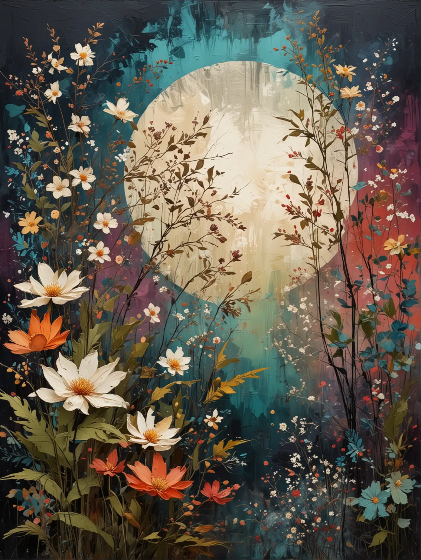 A modern art piece featuring stylized summer night and flowers, wabi-sabi style, in Japandi colors and abstract design, colorful background