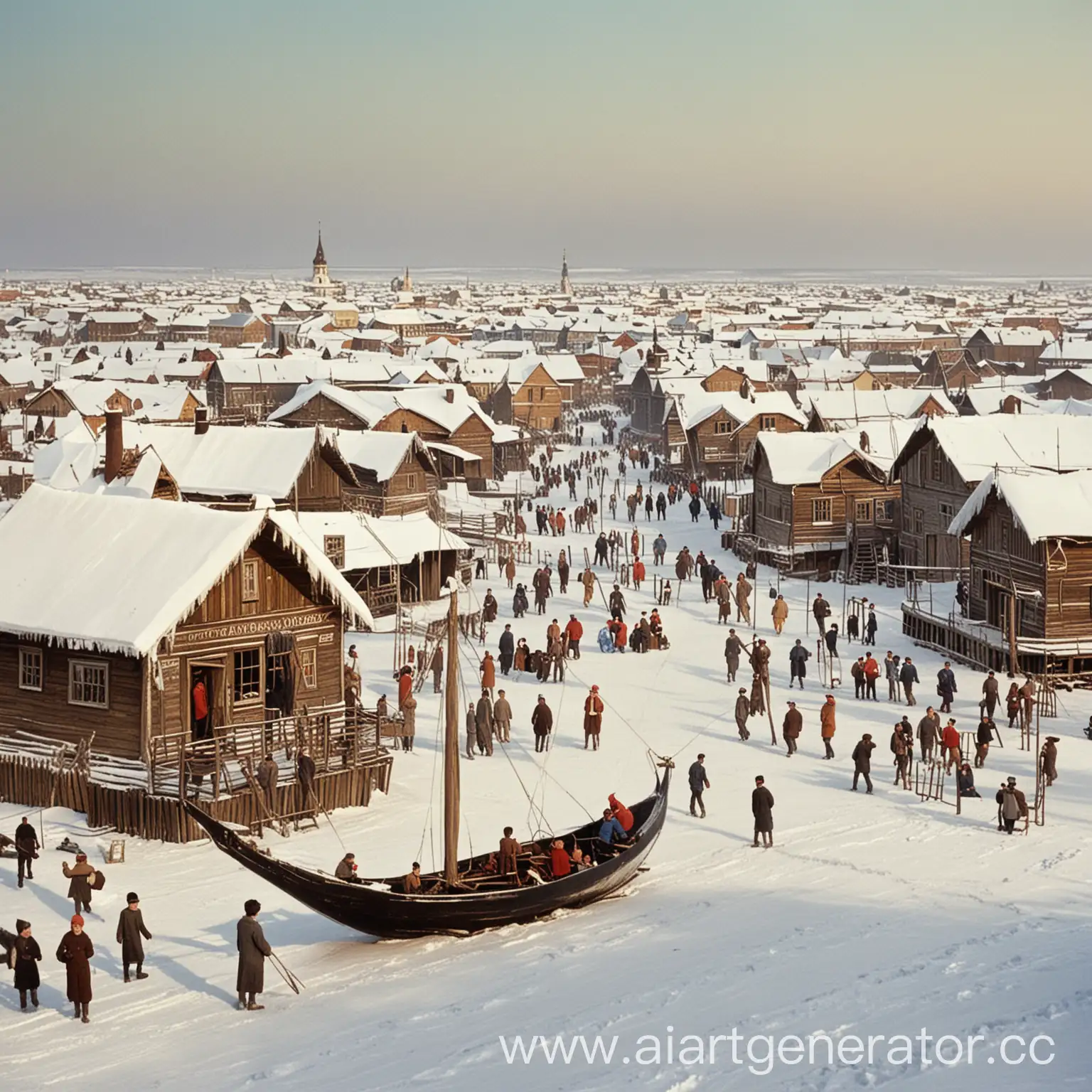 зимняя ярмарка в Архангельске, начало 20 века, горки, качели-ладья, дети играют в зимние забавы