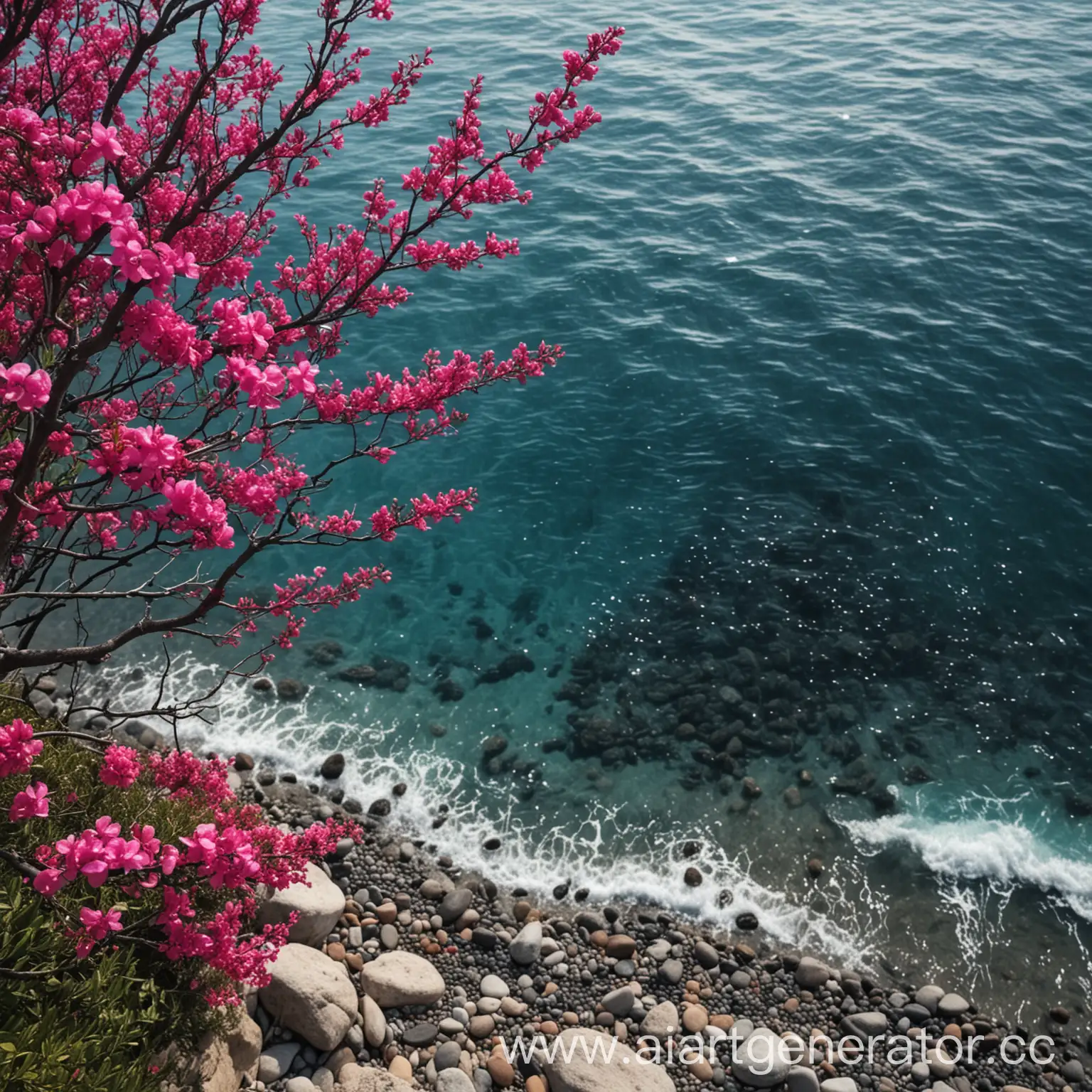 Serene-Coastal-Scene-with-Vibrant-Fuchsia-Blooms-and-Black-Pebbles