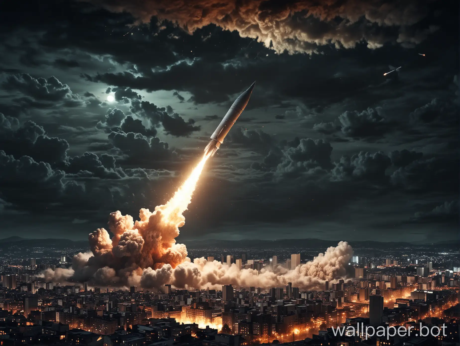 ядерная ракета летит над ночным городом, ядерные взрывы на фоне