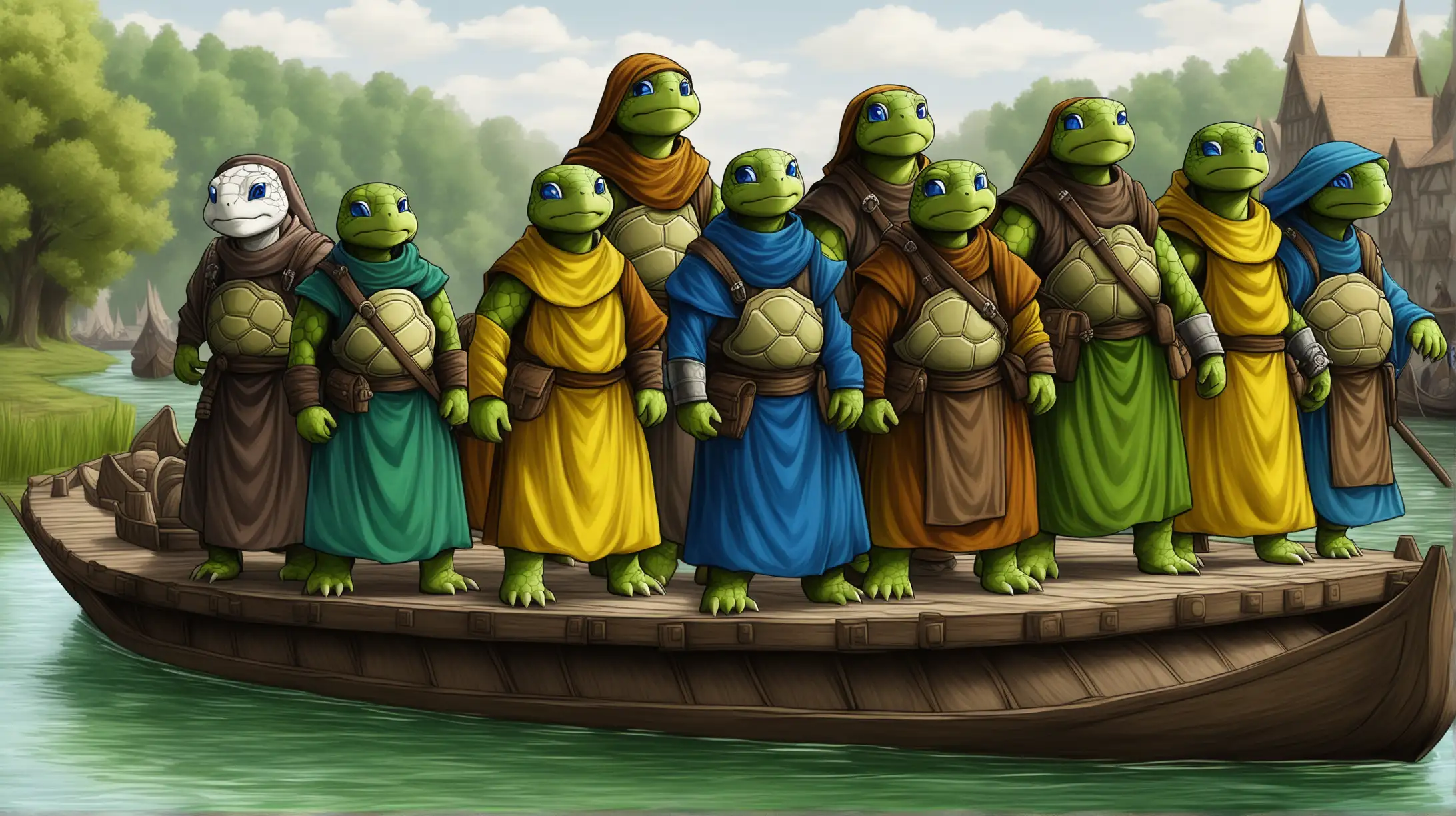 hybrid turtle men, hybrid turtle women, brown green blue yellow, monks, rangers, furry, river barge, Medieval fantasy