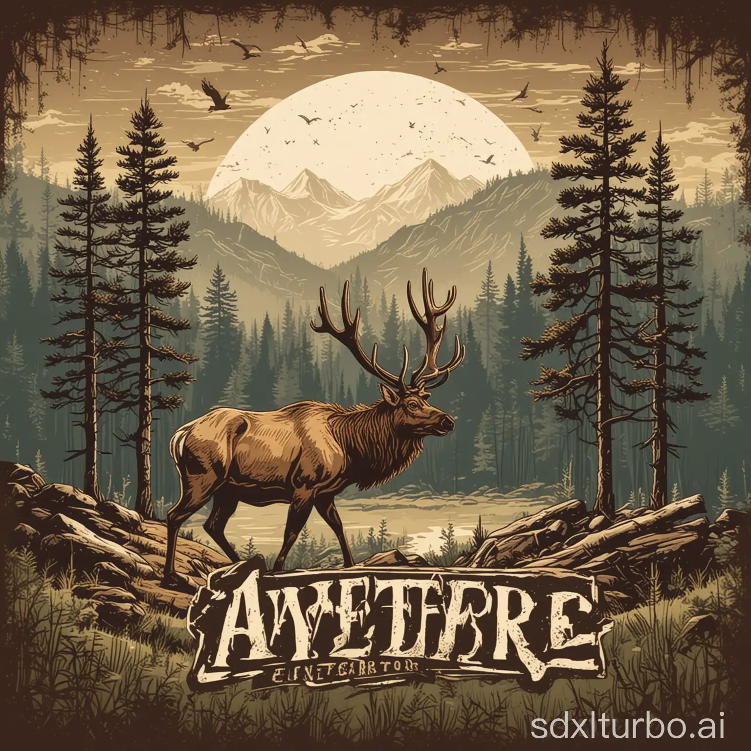 Vector. Outdoor adventure. Design with elk and forest landscape.