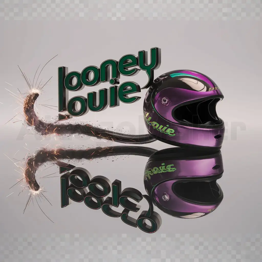 a logo design,with the text "looney louie", main symbol:motorcycle helmet, reflection, smoke, sparks.abstract,purple, green, black,Moderate,be used in 0 industry,clear background