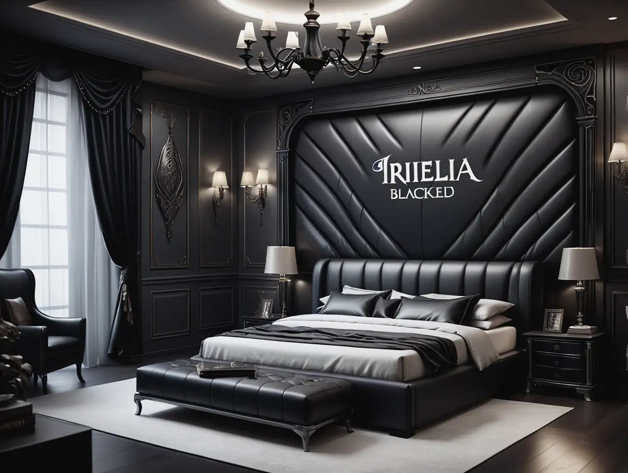 An image of a leather bedroom, modern, classy, with the words, IRELIA BLACKED on the sheets, detailed fantasy style  