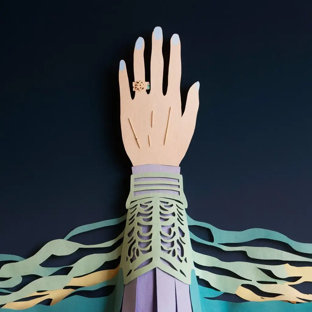 hand palm with ring on dark background night forearm in armor,paper cutting, color paper , ,2d laser cut paper illustration, layered paper high detail color paper beautiful pastel colors , flat minimalist paper cut image