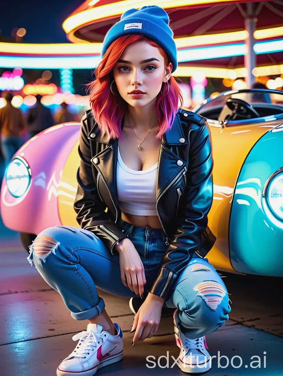 a hyper-detailed photo of a young woman seated in a vibrant amusement park setting, possibly at a bumper car ride, illuminated by striking neon lights in blues and pinks. She has striking red hair, styled straight, and wears a casual yet edgy outfit consisting of a dark brown leather jacket, a white graphic t-shirt, ripped blue jeans, and white sneakers. She's accessorized with a blue beanie, complementing her youthful and trendy look. The backdrop, with its intense neon and metal textures, adds a dynamic, almost futuristic feel to the scene.
