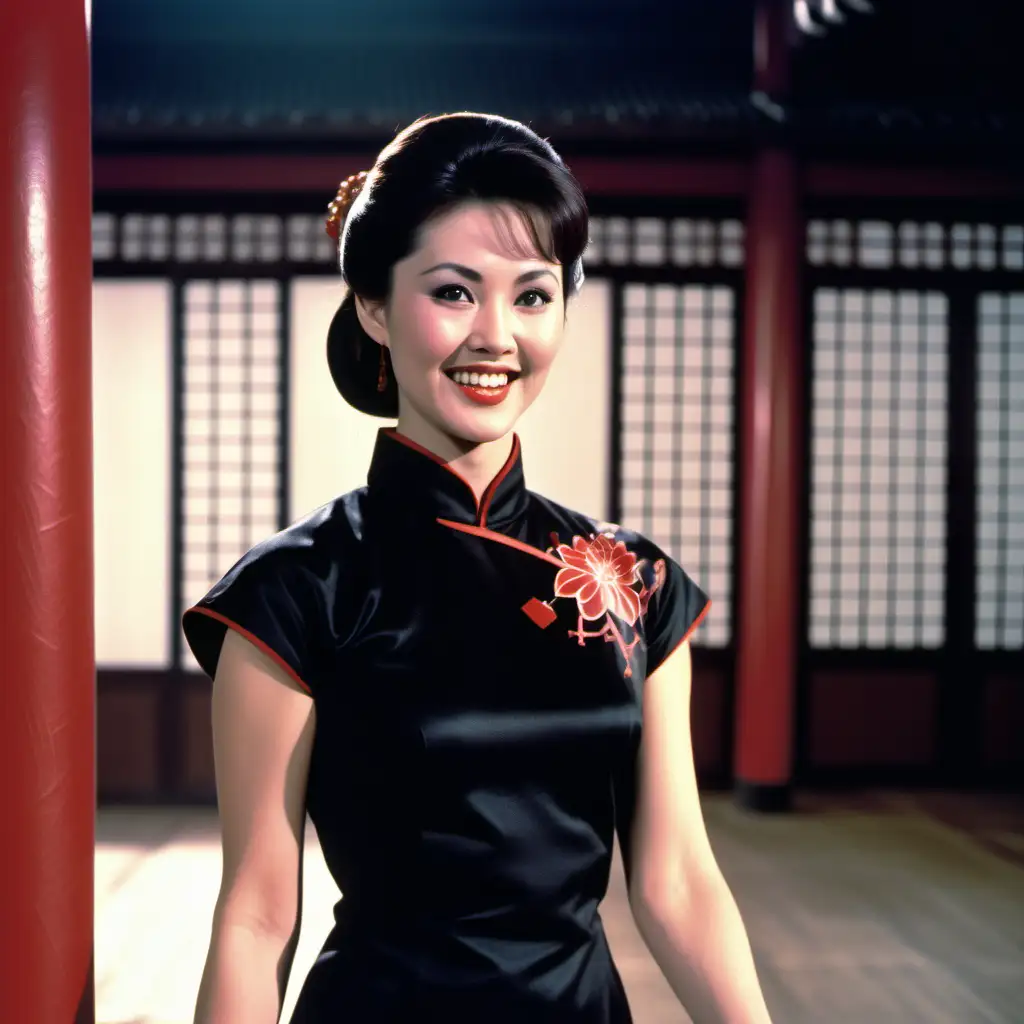 1980s movie still of a brunette Canadian woman wearing a black qipao smiling and walking through a sinister dojo with Chinese elements. 