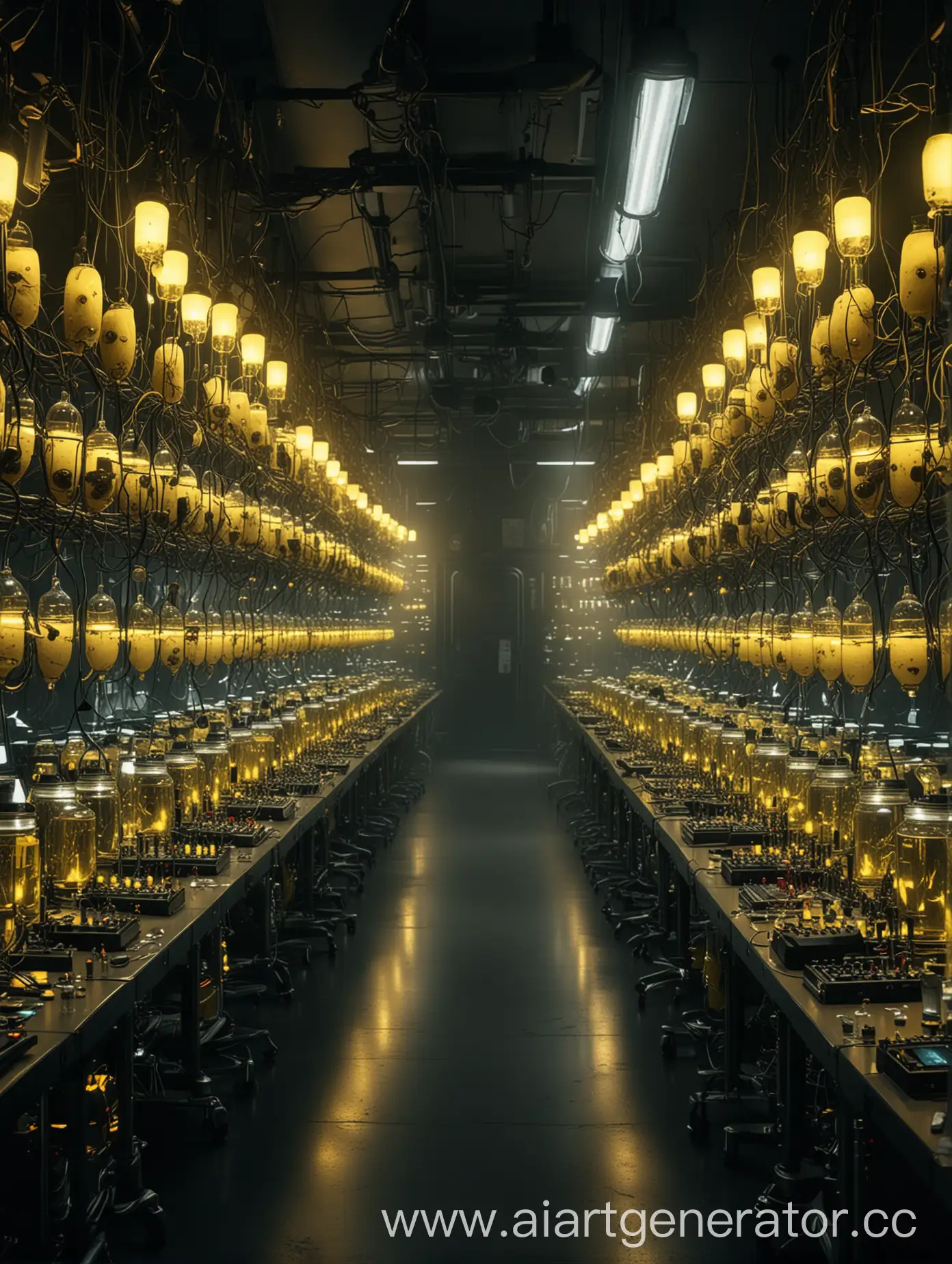 Огромная темная лаборатория, желтый свет, огромные стеклянные капсулы с монстрами, провода, компьютеры, фонари, шприцы, извлечение ДНК. 