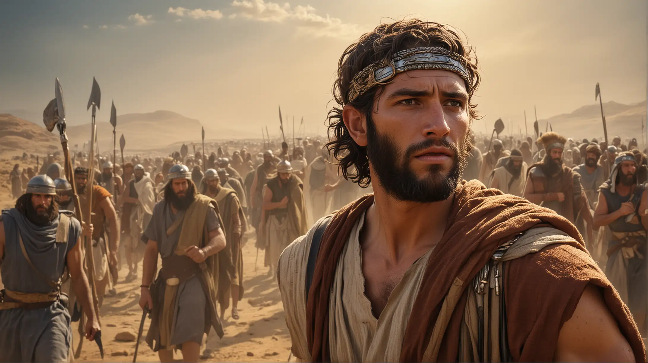 a close up image depicting the main character of Joshua from the Biblical Book of Joshua, leading the isreali people into the Promised Land. Set during the Biblical era of Moses.