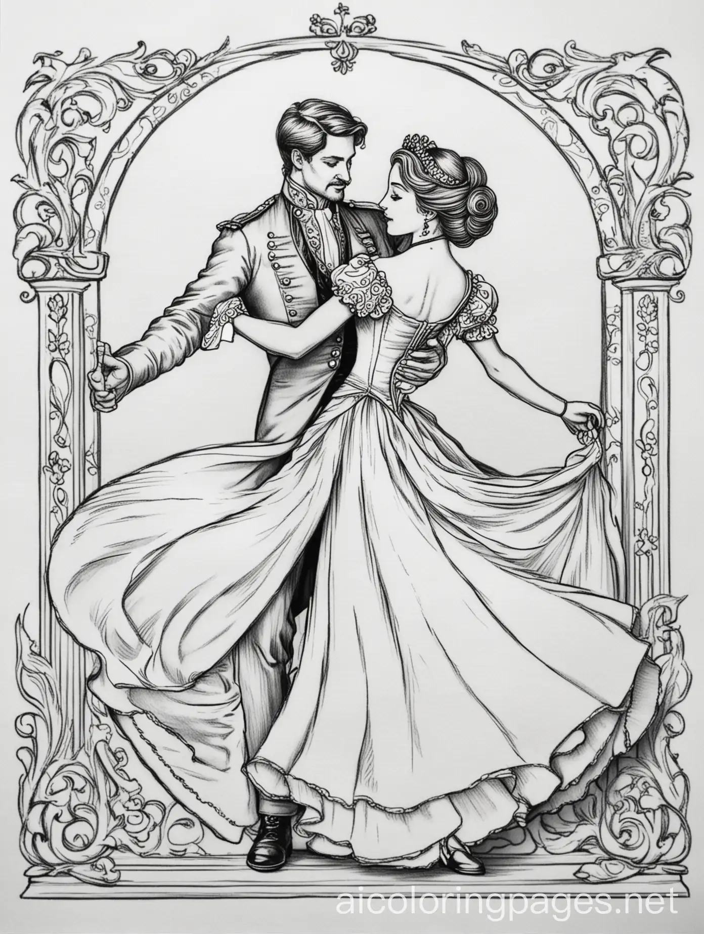 Royal ball with a couple dancing , Coloring Page, black and white, line art, white background, Simplicity, Ample White Space. The background of the coloring page is plain white to make it easy for young children to color within the lines. The outlines of all the subjects are easy to distinguish, making it simple for kids to color without too much difficulty