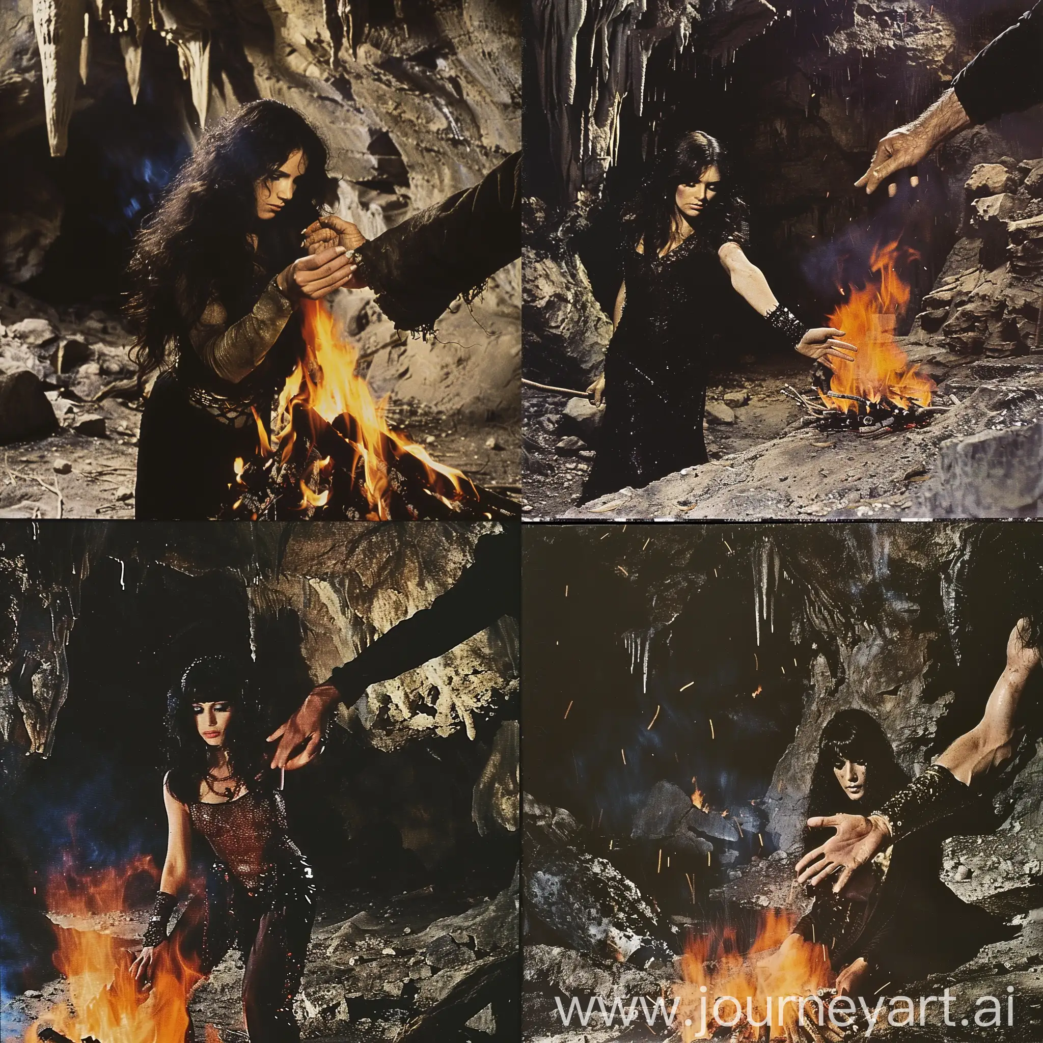 dvd screenengrabs character/Arx Fatalis, dark-haired woman on a funeral pyre in a cave, held by the hand of a man 1980 style