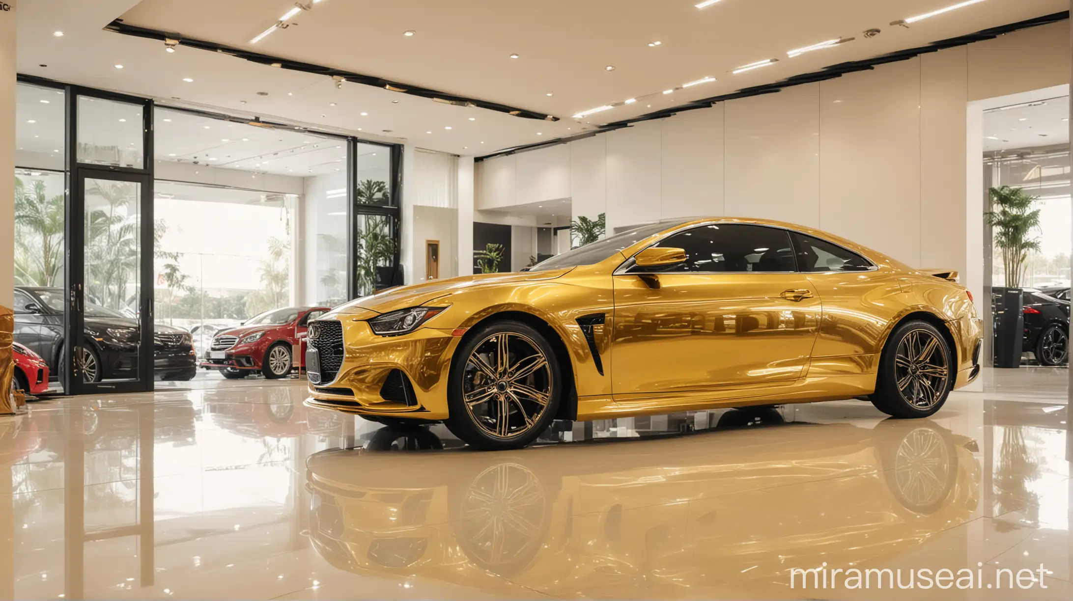 Luxurious Golden Car Displayed in Showroom