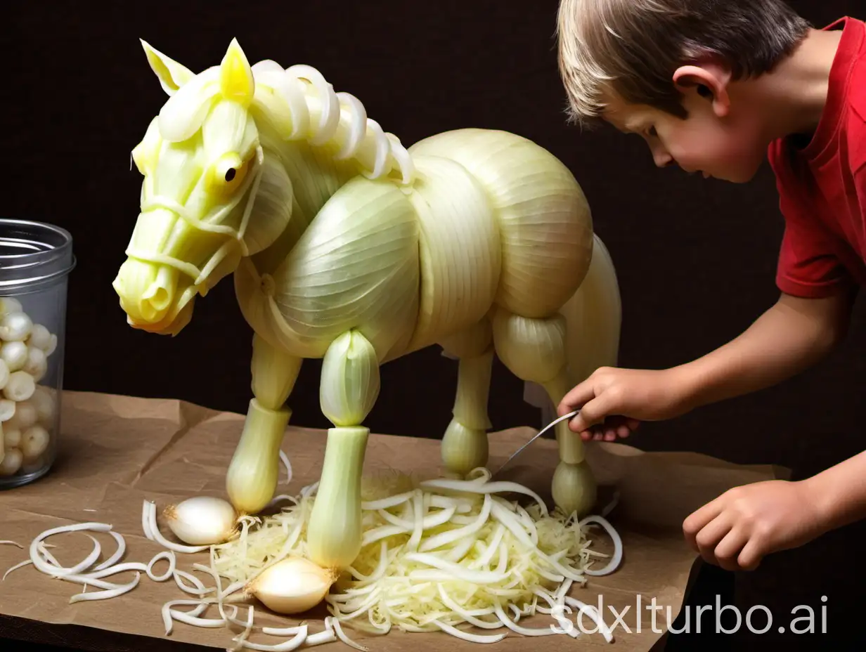 boy make horse from onion