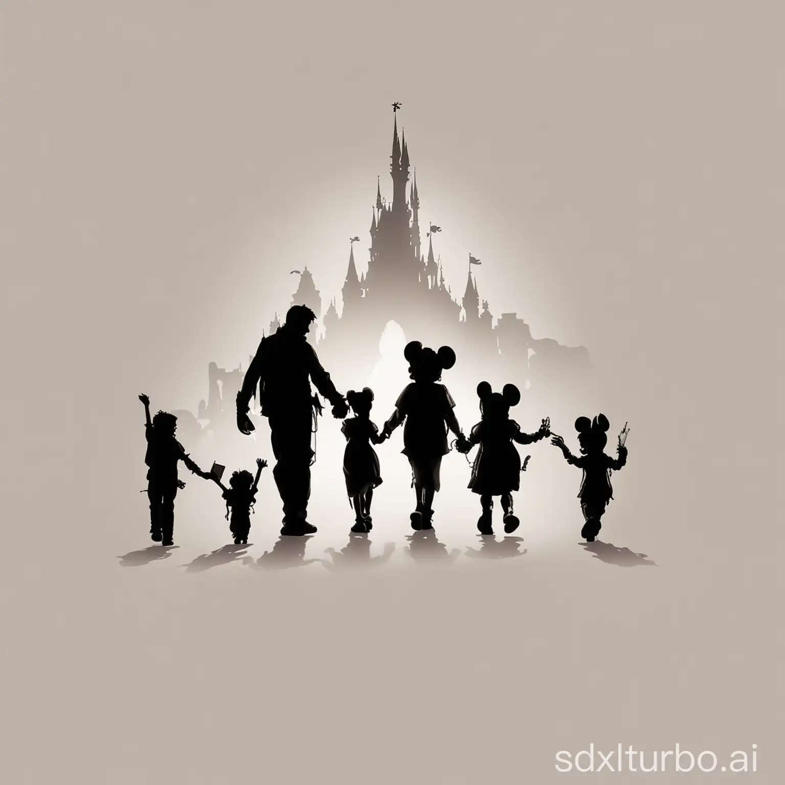 Personajes de Disney walking hand in hand towards Disneyland, silhouettes, simple white background