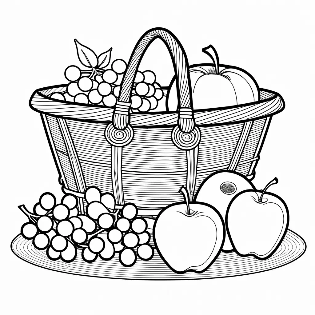 A basket of fresh fruits: apples, bananas, and grapes, Coloring Page, black and white, line art, white background, Simplicity, Ample White Space. The background of the coloring page is plain white to make it easy for young children to color within the lines. The outlines of all the subjects are easy to distinguish, making it simple for kids to color without too much difficulty, Coloring Page, black and white, line art, white background, Simplicity, Ample White Space. The background of the coloring page is plain white to make it easy for young children to color within the lines. The outlines of all the subjects are easy to distinguish, making it simple for kids to color without too much difficulty