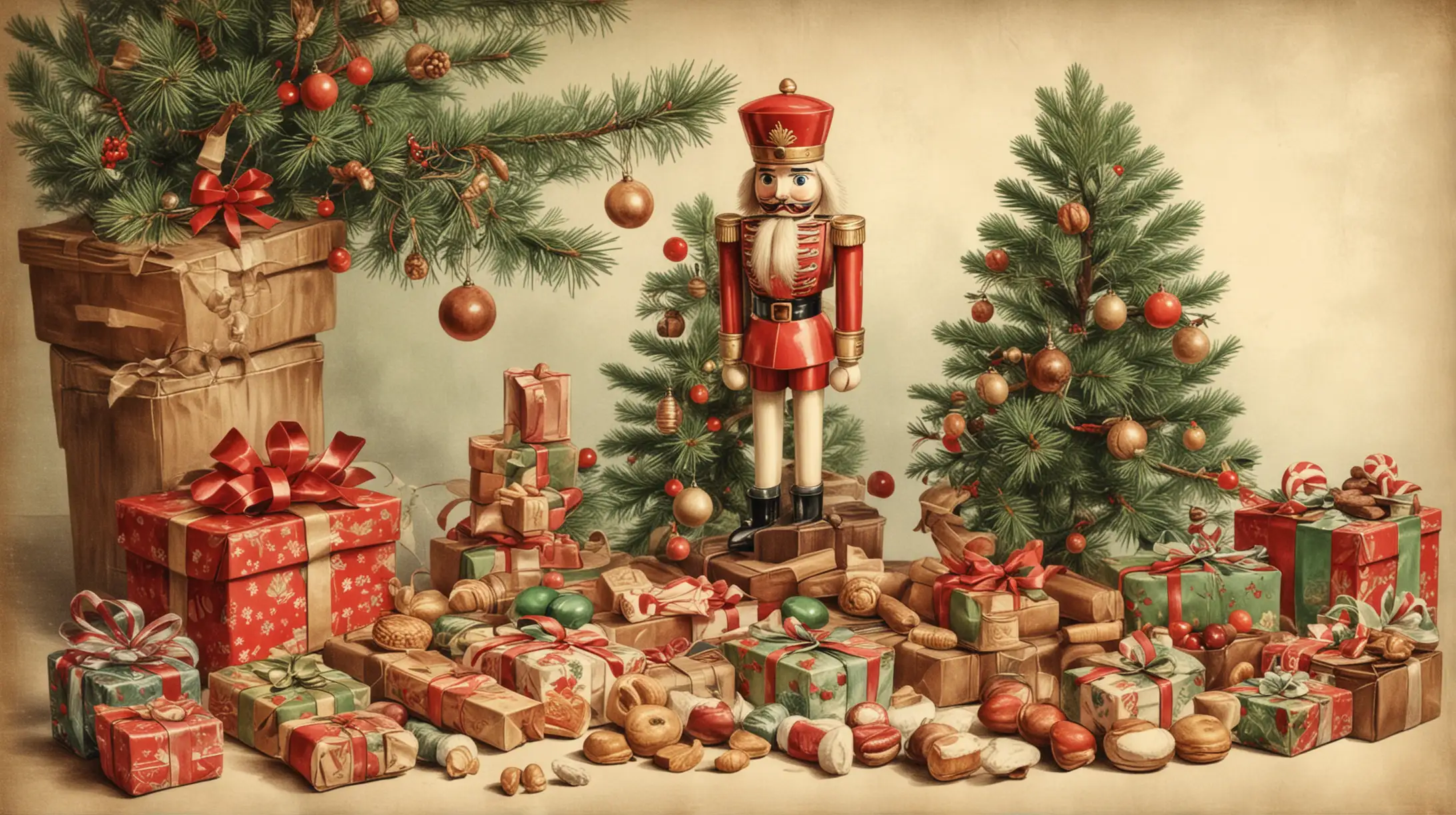 Vintage Christmas Nutcracker with Tree Sweets and Gifts
