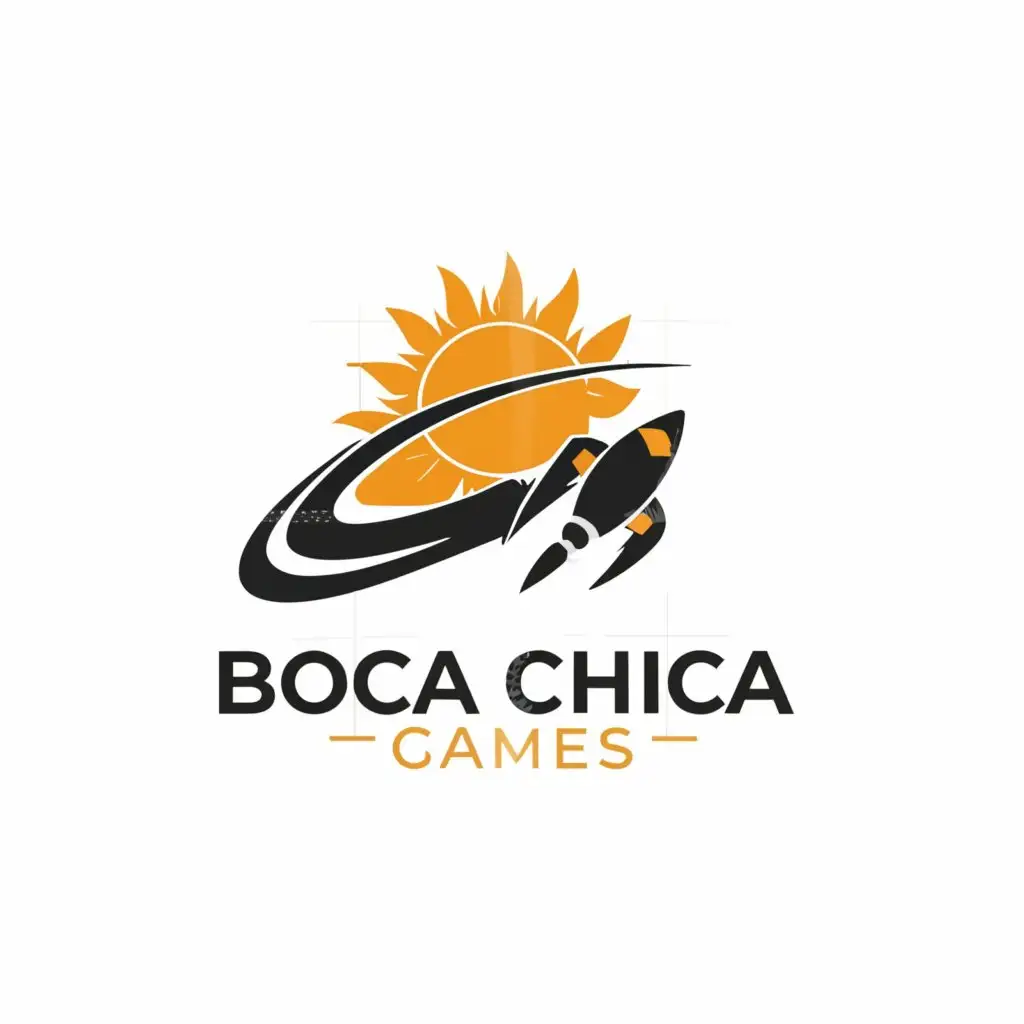 a logo design,with the text "BOCA CHICA GAMES", main symbol:Round, minimalist logo, rocket launching, tinged with orange, the circle representing the sun. There's also black and white.,Minimalistic,clear background