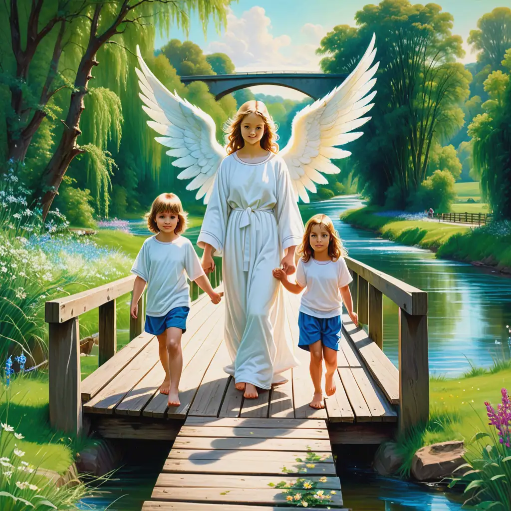 Catholic style painting of guardian angel in white robes with a small boy in t-shirt and shorts and small girl in dress walking across a small wooden bridge with blue river water running underneath bridge. Green trees and countryside in background. Colourful flowers in green grass