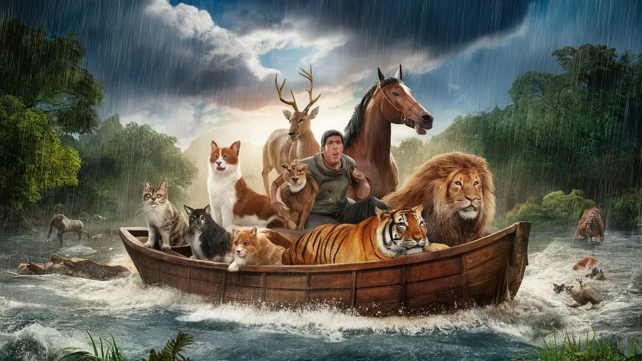 cat ,dogs,horse, deer .tiger .lion in a same boat during a heavy flood  in side a forest a man is rescueing  during  heavy rainfall .