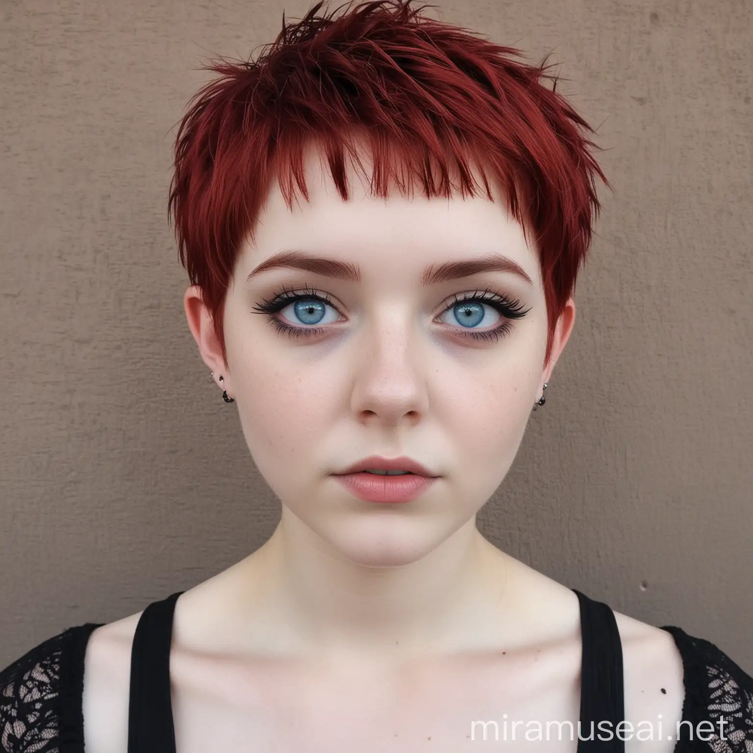 16 year old girl, goth, pixie cut, red hair, icy blue eyes 