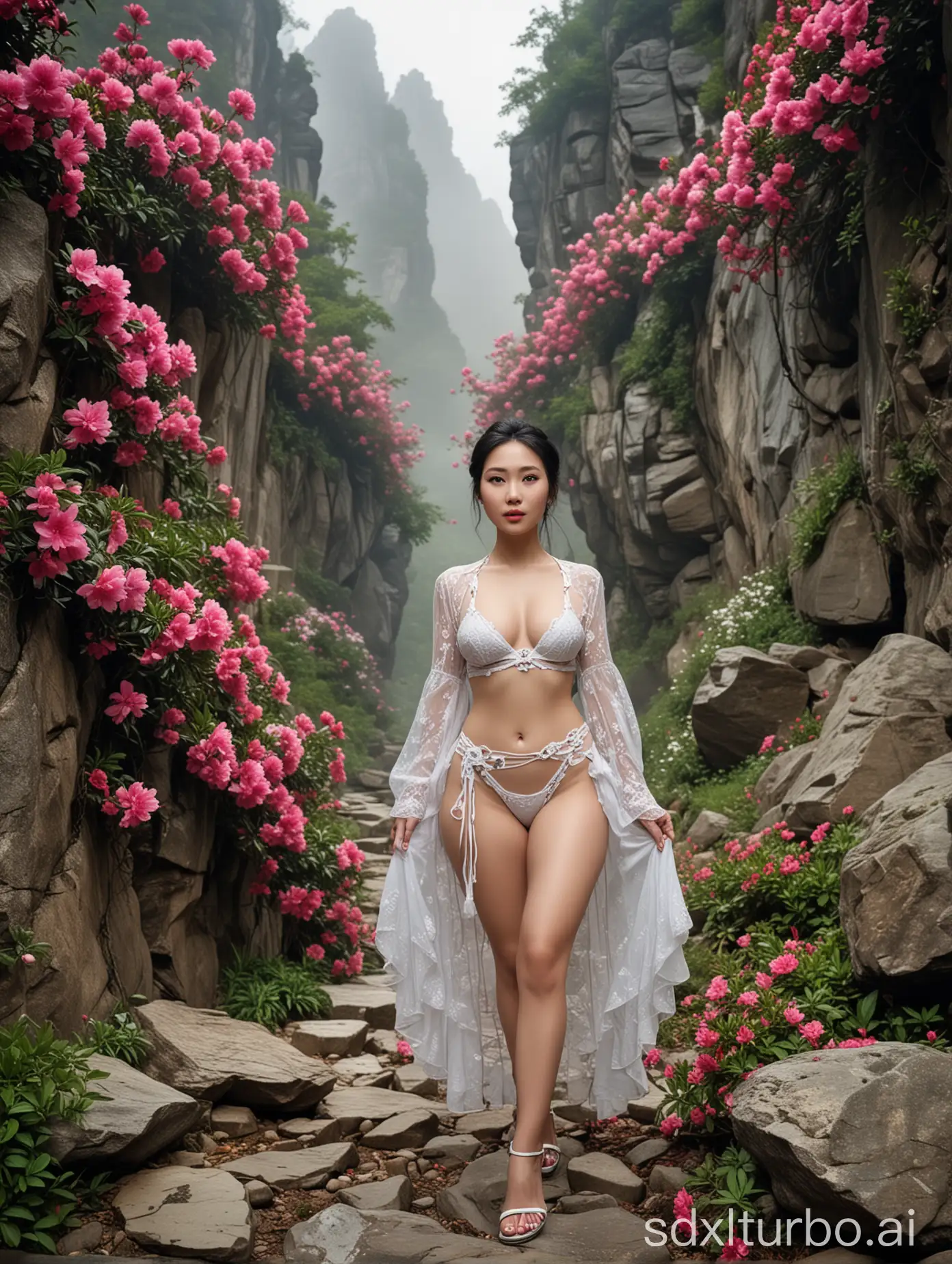 Captivating-Chinese-Woman-in-Mountain-Gorge-Amidst-Blossoming-Azaleas-and-Pear-Flowers
