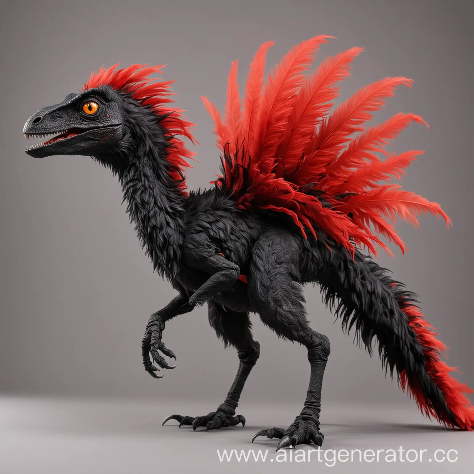 Side-View-of-Majestic-Black-Velociraptor-with-Amber-Eyes-and-Red-Feathers