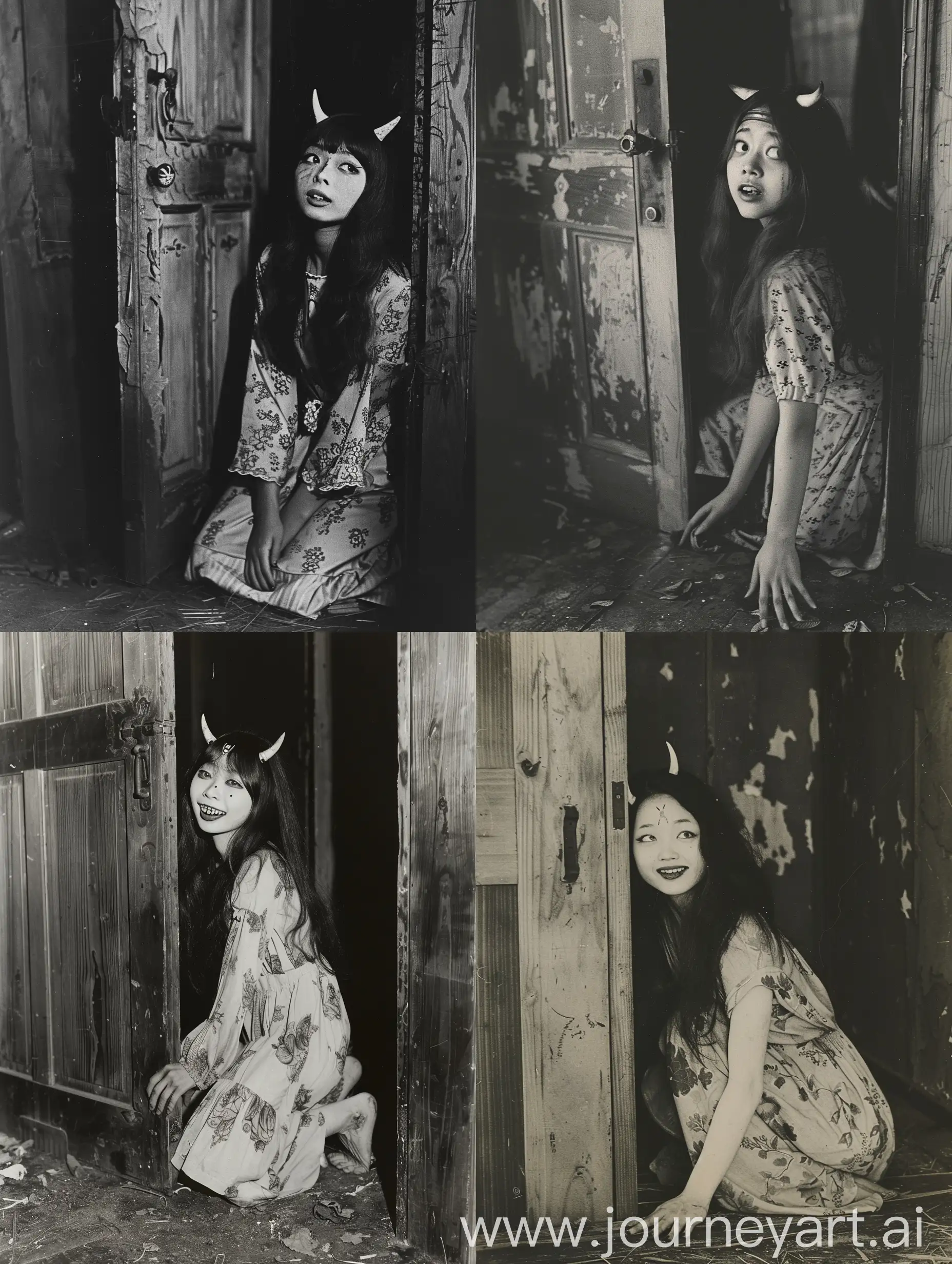 Very saturated photo that evokes folk horror, capturing a mysterious and unsettling a beautiful japanese young woman in a vintage dress, long hair, Devil's horns on his forehead, a weird smile, an upturned mouth, and white eyes. The door was slightly opened. She was kneeling on the ground, looking sideways to peek, Japanese 1970, Rooms of ancient independent houses, chaos, dilapidation, filth, unsettling, horror movie, detailed face. folk horror, dark aesthetic, dark folk, dark magic, taken on provia, pagan horror, horror movie