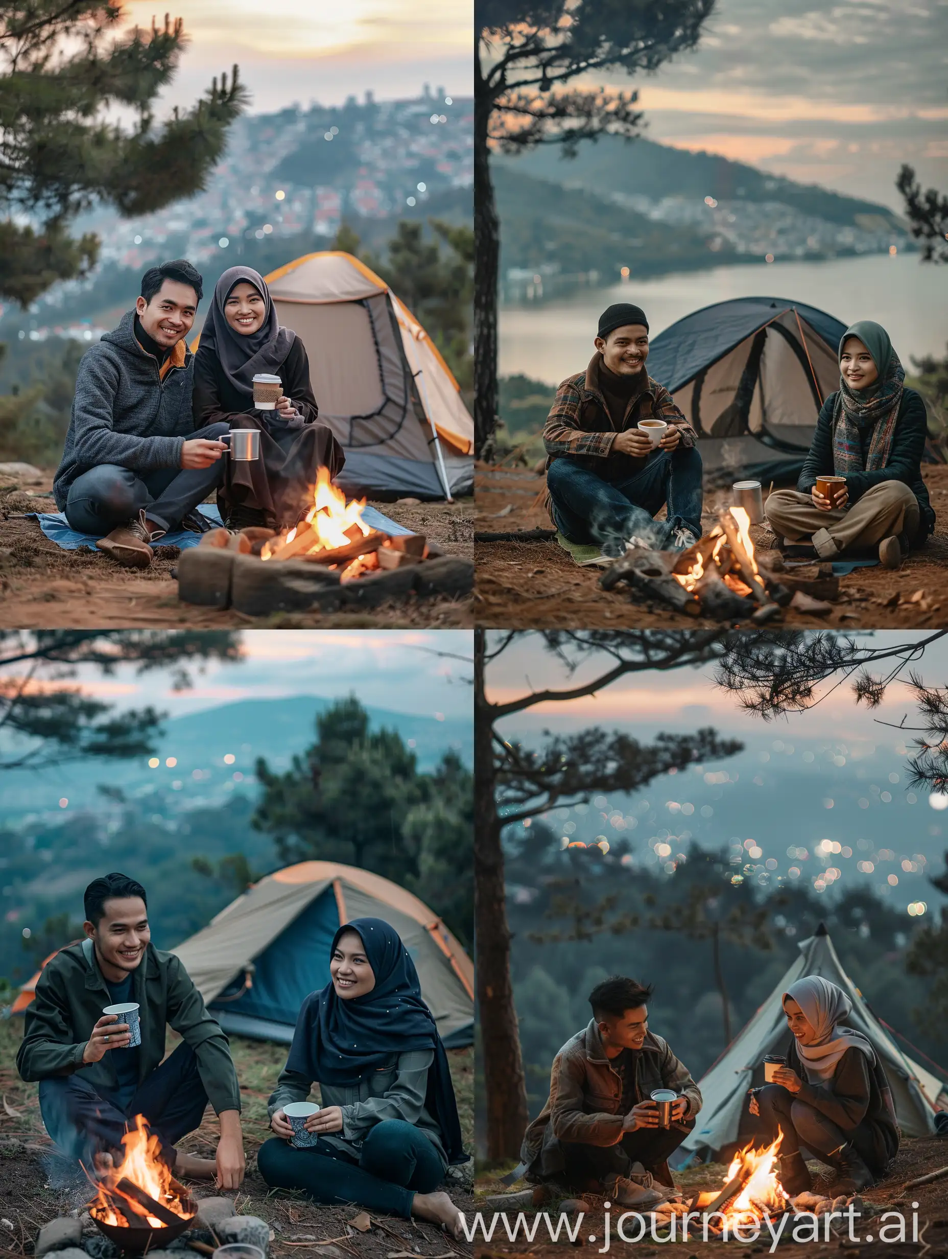 Asian-Couple-Camping-at-Dawn-with-Coffee-Near-Campfire