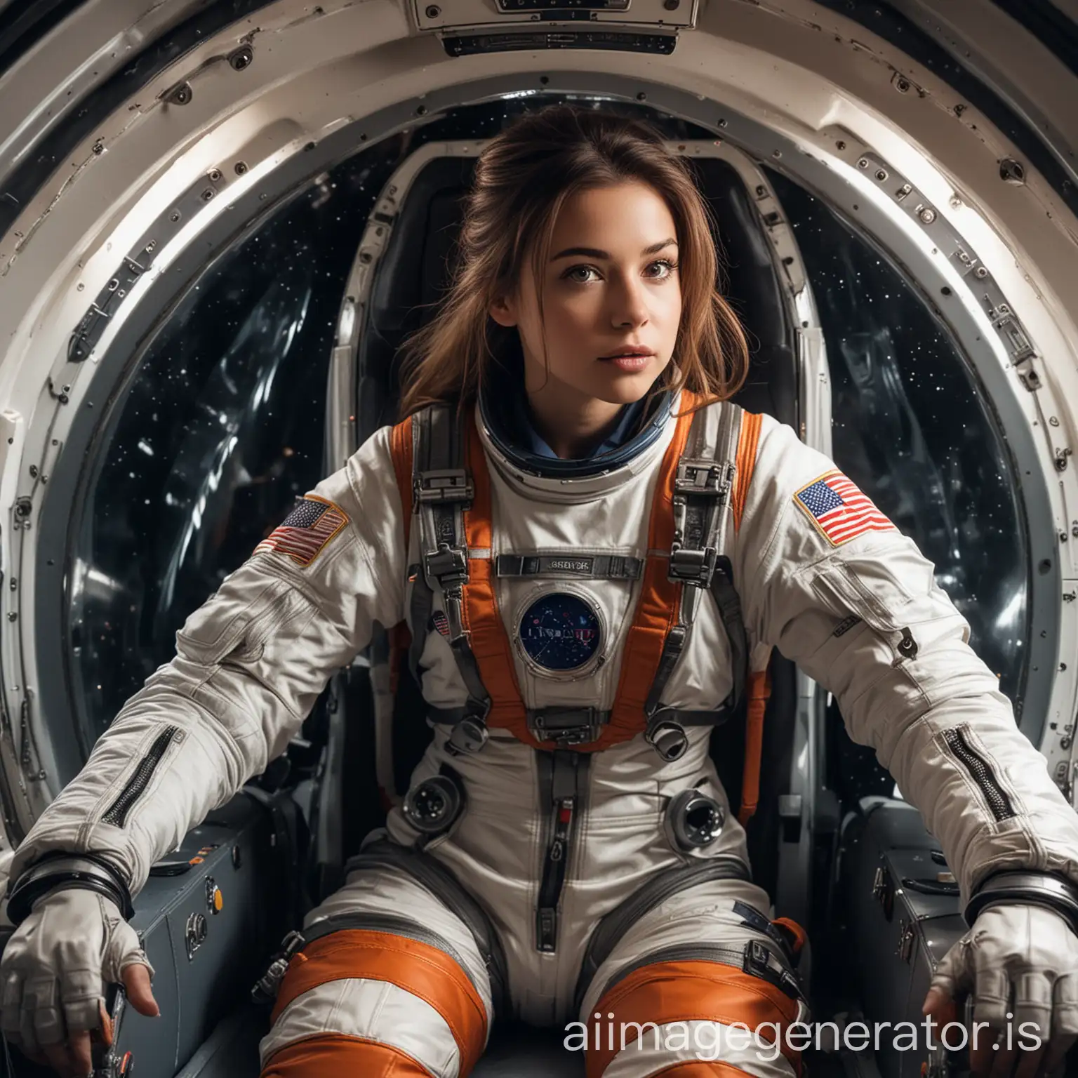 a hot girl astronaut in her rocket ship looking bravely preparing in her seat to go light speed with her full space suit on
