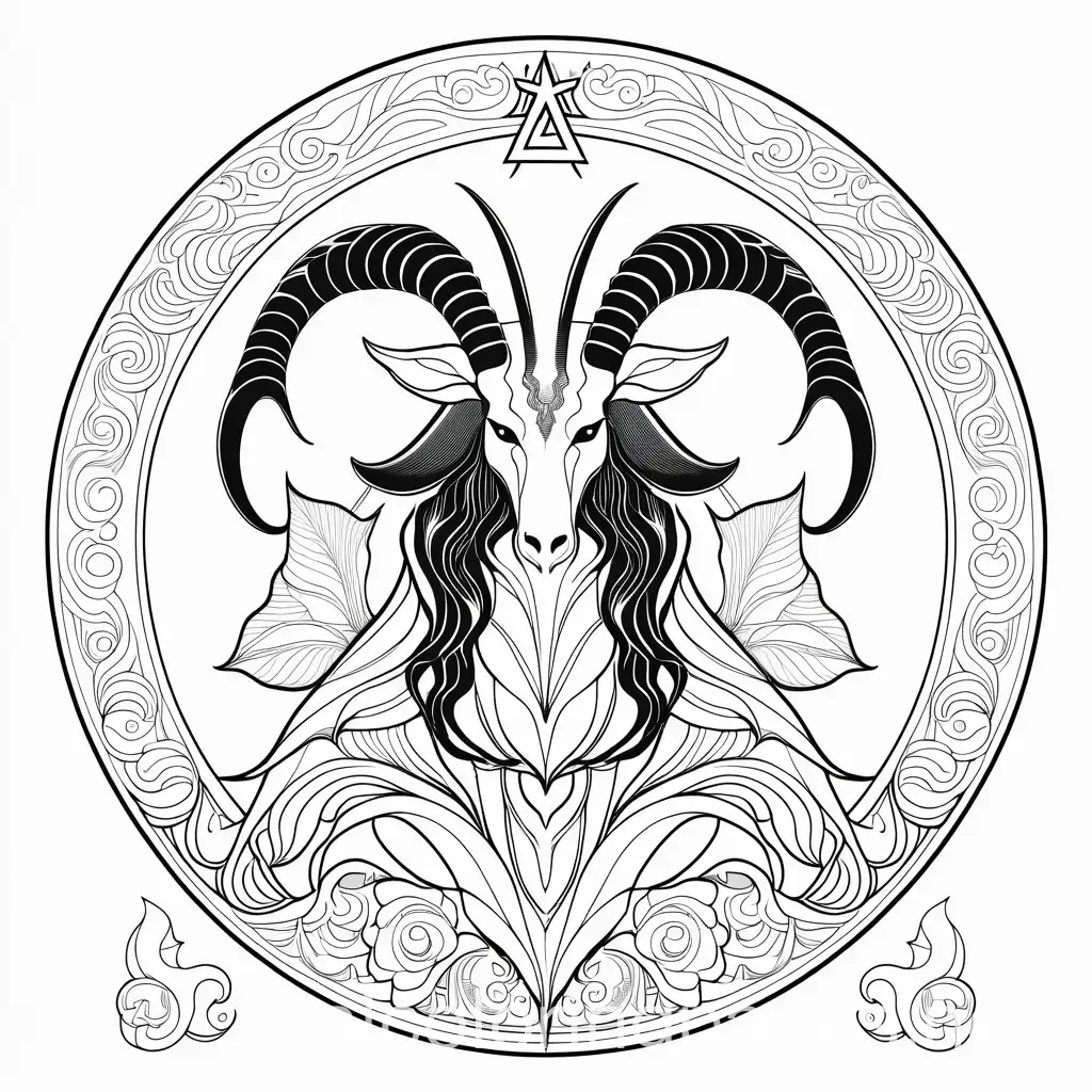  baphomet, Coloring Page, black and white, line art, white background, Simplicity, Ample White Space. The background of the coloring page is plain white to make it easy for young children to color within the lines. The outlines of all the subjects are easy to distinguish, making it simple for kids to color without too much difficulty