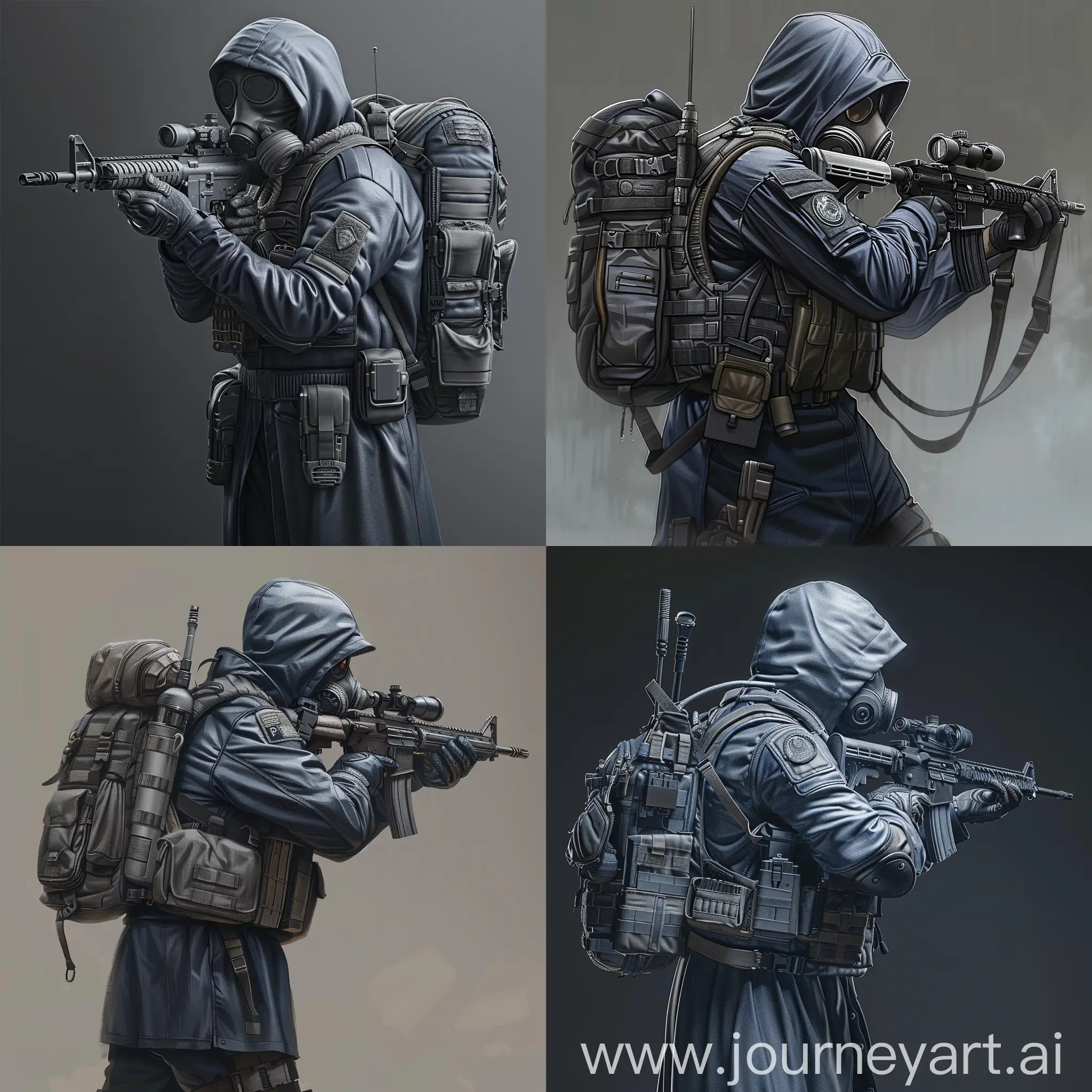 Digital design character, a mercenary from the universe of S.T.A.L.K.E.R., dressed in a dark blue military raincoat, gray military armor on his body, a gasmask on his face, a military backpack on his back, a rifle in his hands, ready to shoot.