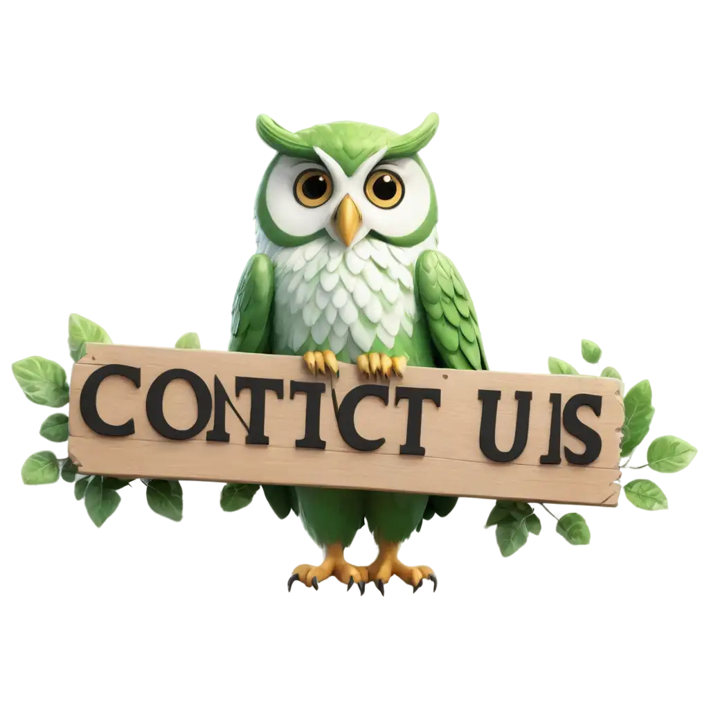 cute 3d realistic owl use green and white as main colors, holding wooden sign written on it "contact us"
