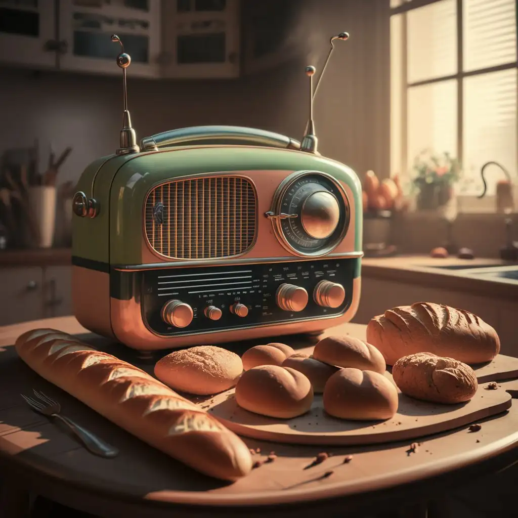 generate an illustrated image of a retro radio with atennas on a table with baguette and steamed brown buns on the table as well.