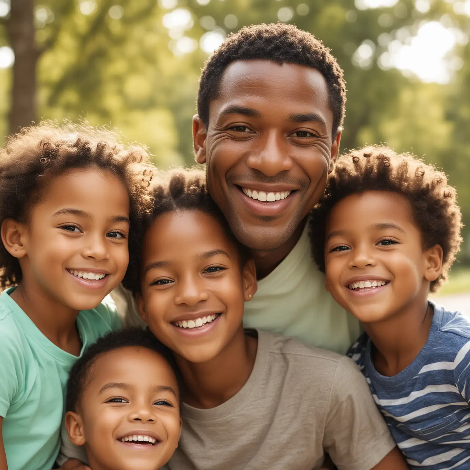 AfricanAmerican Father Smiling with Joyful Children