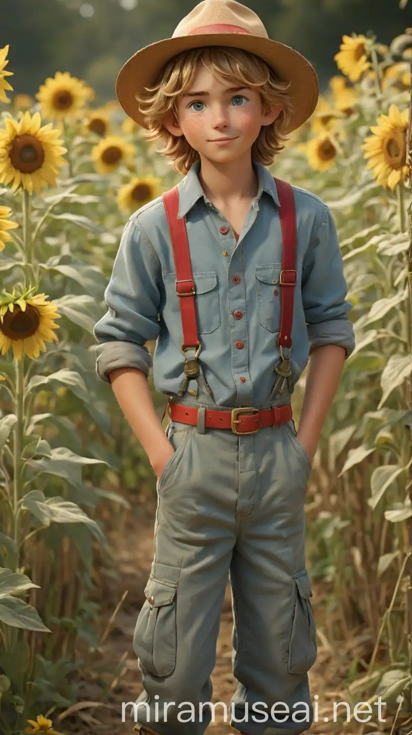 A wholesome and down-to-earth young man with a sunny disposition, reflecting his upbringing as the son of the Scarecrow. His hair is a tousled mop of golden straw-colored locks, giving him a charmingly disheveled appearance. His eyes are a warm shade of hazel, sparkling with curiosity and kindness. The Young Man's complexion is sun-kissed and freckled, with a healthy glow that speaks to his outdoor lifestyle. His outfit combines elements of 2020s farmer boy, boy next door, countrycore, and vintage Americana aesthetics with scarecrow and Wonderland elements, reflecting his rustic charm and adventurous spirit. He wears a powder blue button-up shirt with rolled-up sleeves, adorned with candy apple red stitching and saffron orange patches reminiscent of his father's patchwork design.  Instead of trousers, The Young Man wears vintage-inspired knee-length cargo pants in a cheerful canary yellow hue, adding a playful and practical touch to his ensemble. The overalls feature pockets adorned with embroidered scarecrow motifs and patches in various shades of red, orange, and yellow. On his feet, he wears sturdy leather boots in a rich chestnut brown, perfect for trudging through fields or exploring the great outdoors. To accessorize, The Young Man wears a straw hat adorned with a bright red ribbon and a handmade leather belt with brass buckle, adding a touch of rustic charm to his look. In his hair, he weaves small sunflowers and ribbons in shades of red, orange, and yellow, adding a whimsical and nature-inspired touch to his appearance. The Young Man's makeup is natural and minimal, with a hint of bronzer to enhance his sun-kissed complexion and a touch of lip balm for a fresh and youthful look. Overall, The Young Man exudes an aura of warmth and authenticity, blending elements of rural charm, adventure, and whimsy in his endearing fashion choices. 