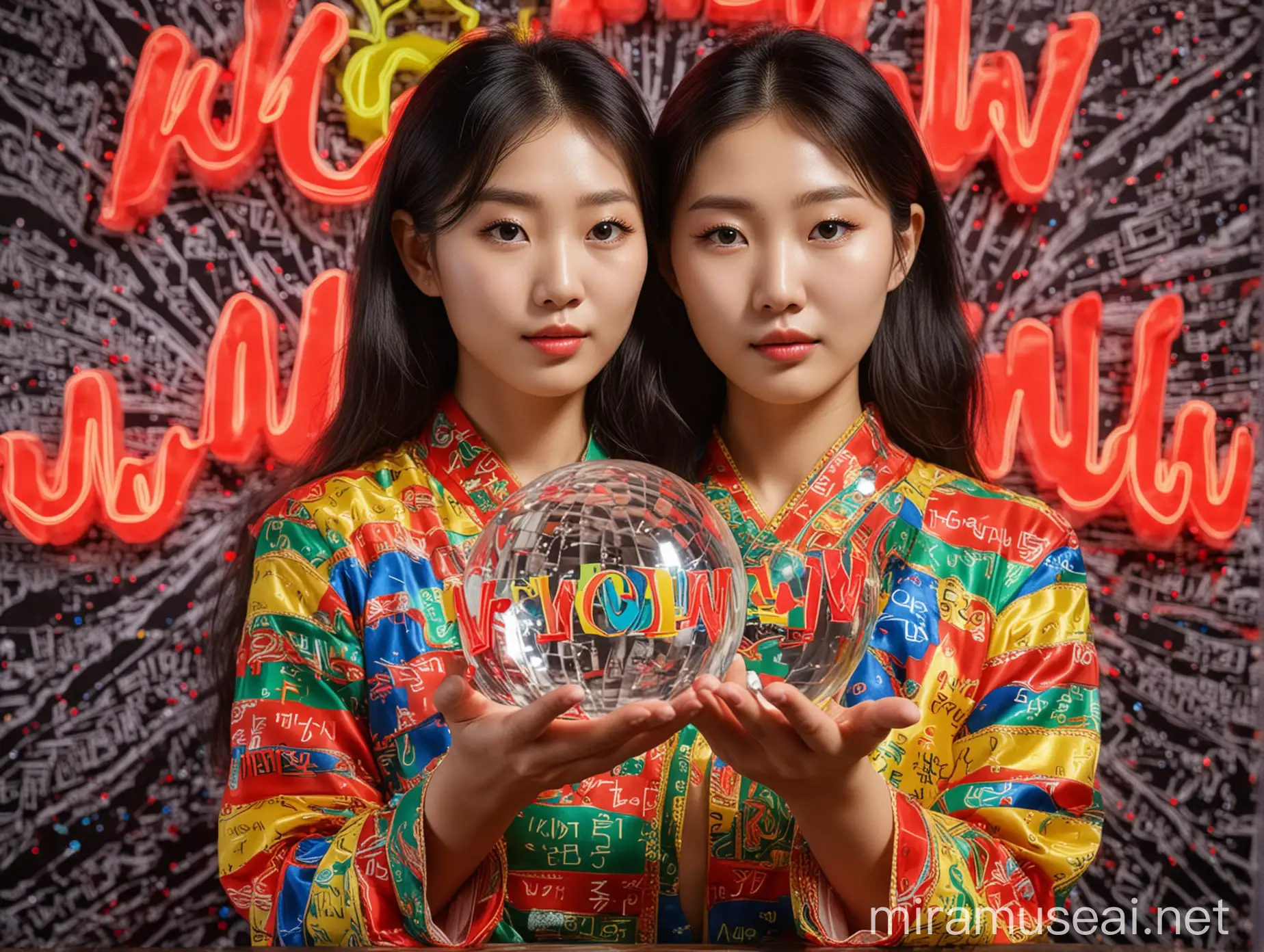 Korean Woman Holding Neon Crystal Ball with Swirl Pattern Background