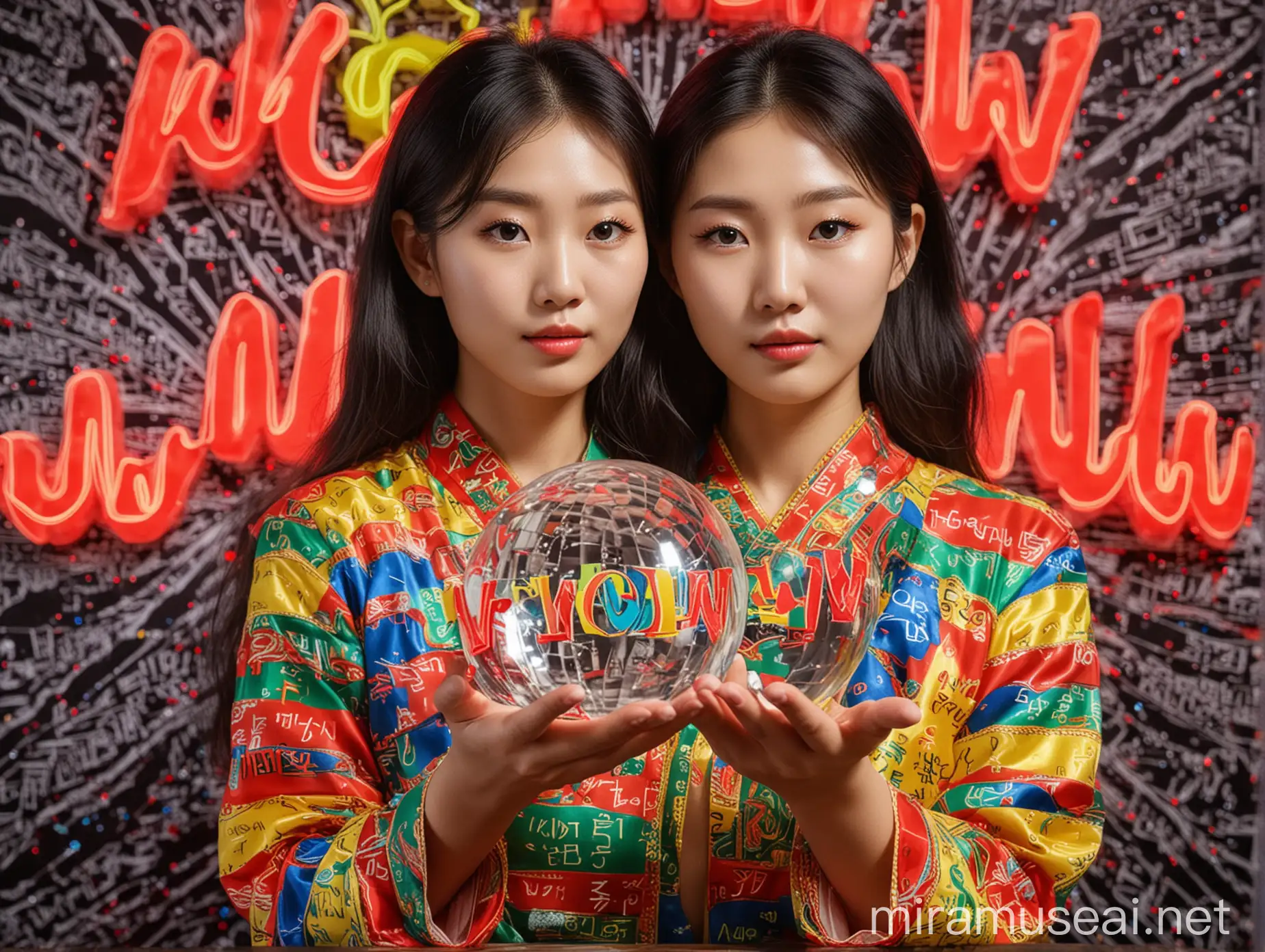 gambar seorang perempuan korea sedang memegang bola kaca kristal bening, di dalam bola kaca ada tulisan neon 'waw waw'. background pola swirl warna merah,kuning,hijau dan biru.