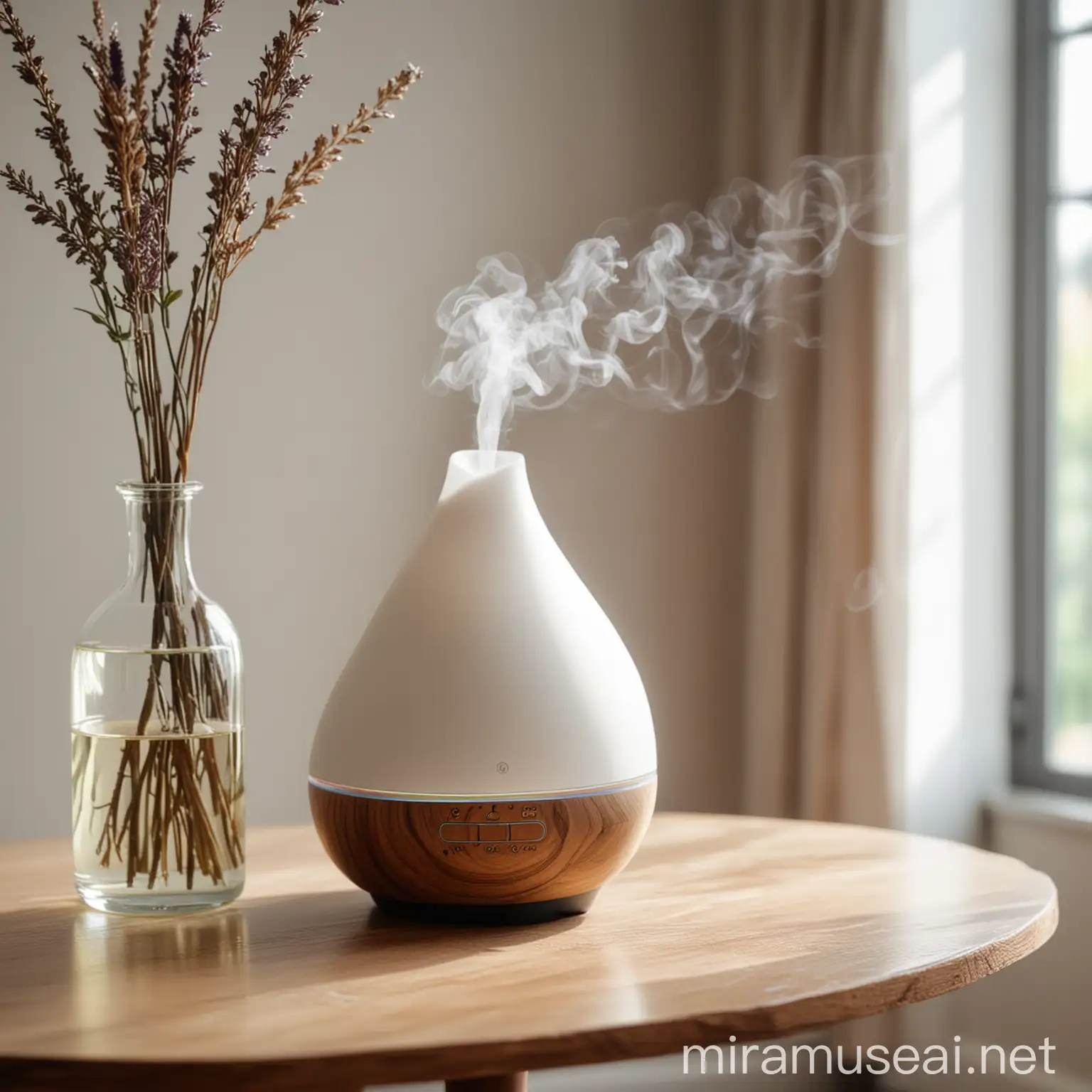 an essential oil diffuser on a table in a clean home, bright, beautiful natural light. health, wellbeing