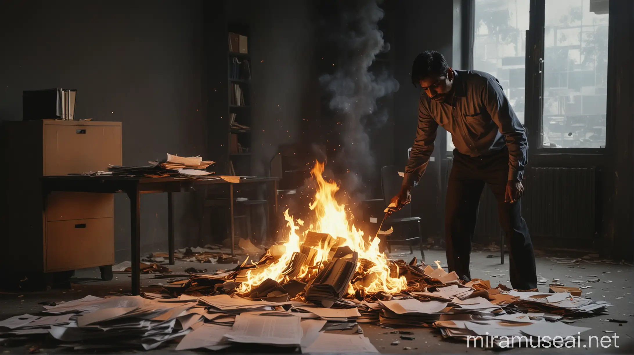An Indian man is setting fire to the office furniture, fire on some papers and files, dark scene, shot from behind