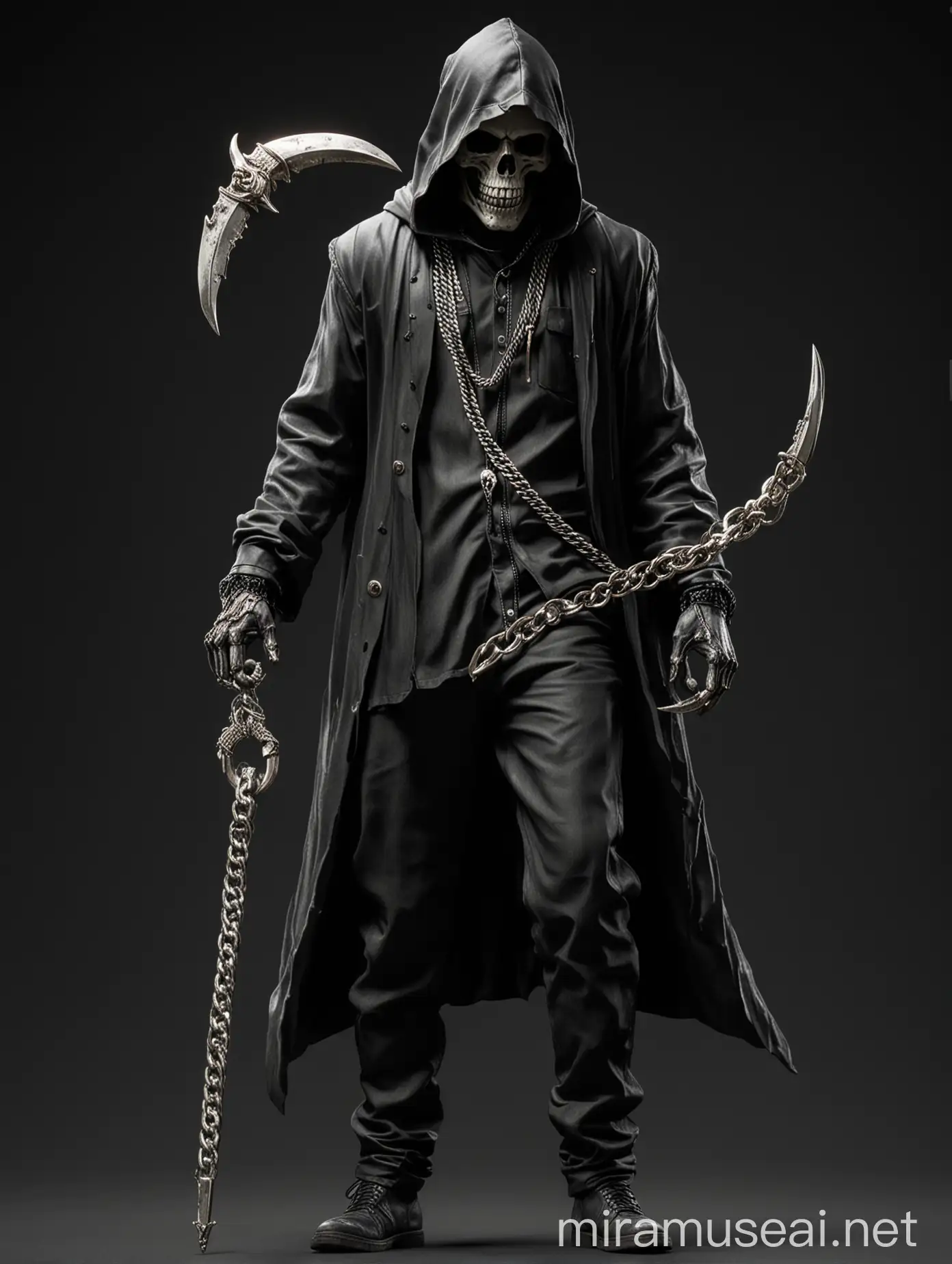ULTRA REALISTIC high definition, 3d grim reaper, full body, wearin a diamond cuban link chain, holding a sickle, on a dark background, in cinematic lighting