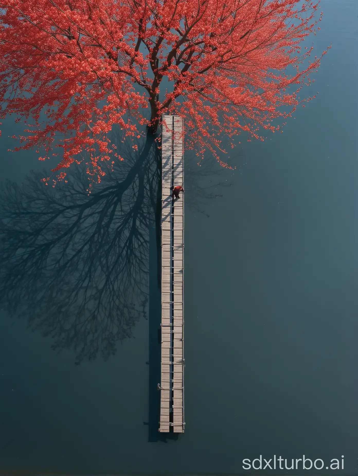 minimalism, Documentary photography, high angle view, golden ratio, reflection of a man walking on an arc wooden bridge above an ice-free lake, reflection of one Blossoming vermilion-red Plum tree alone by the ice-free lake, snowkissed landscape, still and chilly vibe, crystal blue sky, outdoor art, minimalist detail, by Harry Callahan