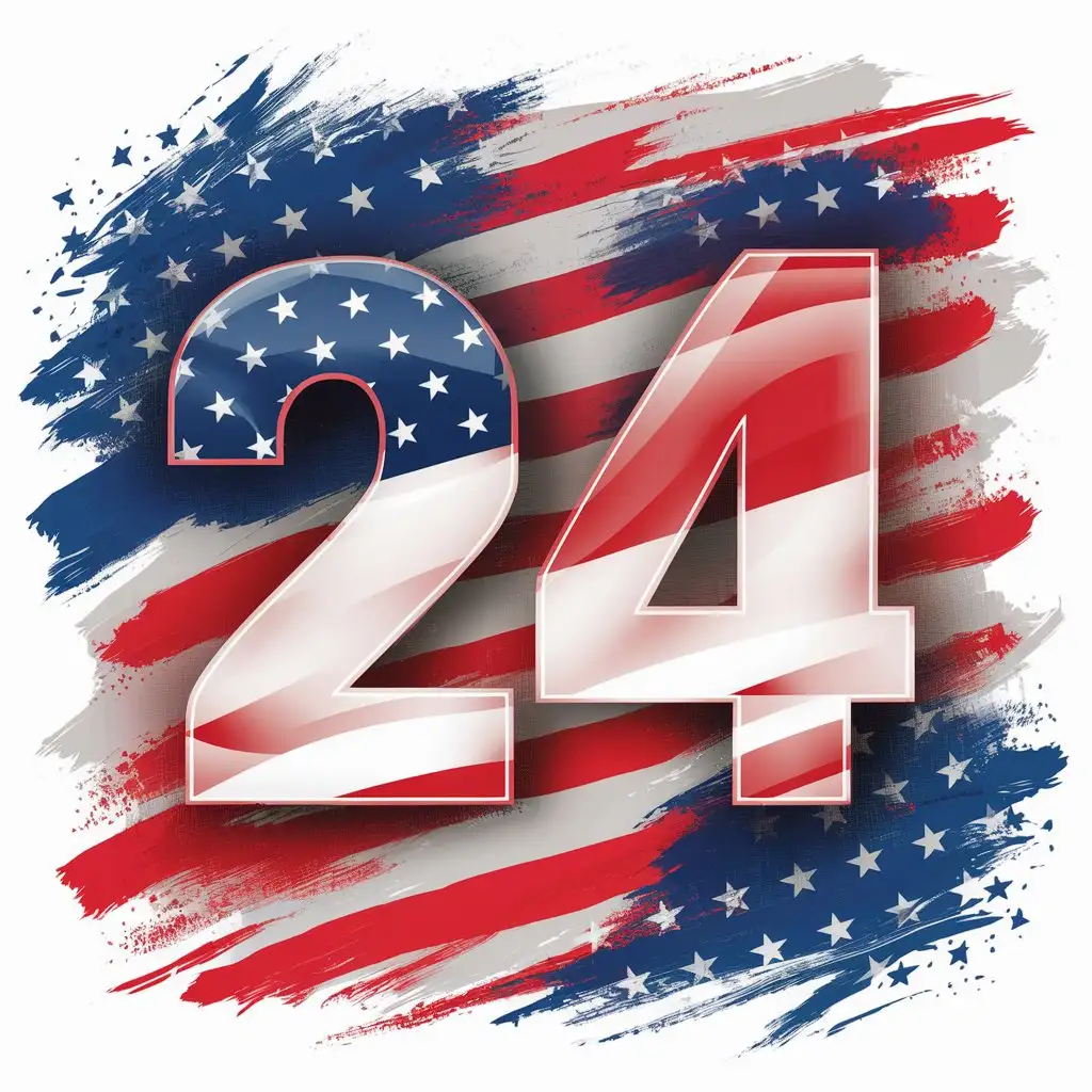 Patriotic 24 USA Text Surrounded by Red White and Blue Gradient Brush Strokes and Stars