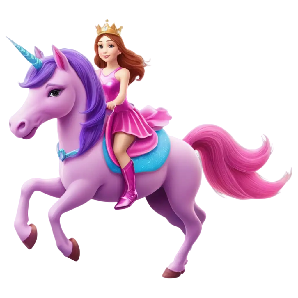 princess wearing a tiara riding a pink and purple unicorn in the sky in the day