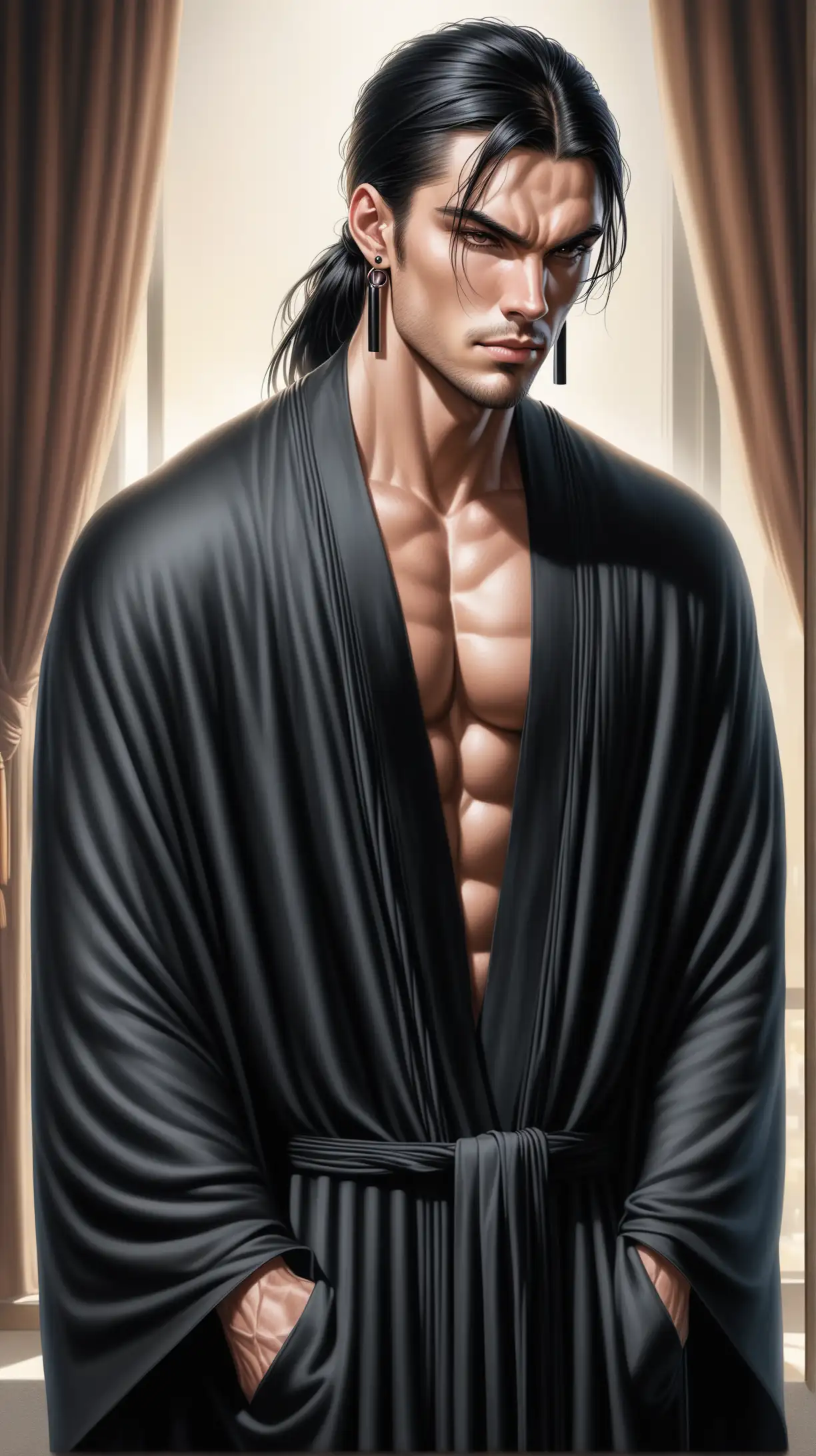 HyperRealistic Portrait of a Muscular Man with Long Black Hair and Colorful Garments