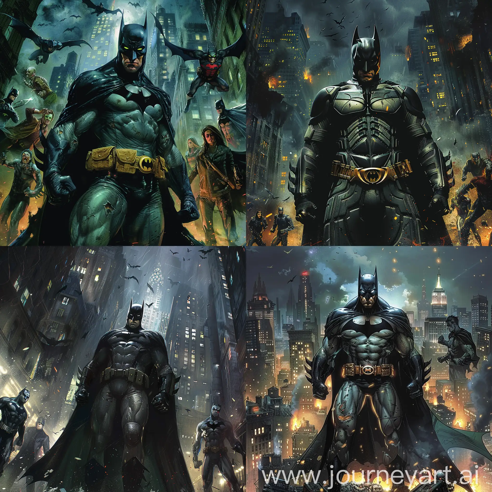 Certainly! Here's a prompt tailored for a picture of Batman facing his adversaries:

"Capture the intense confrontation as Batman, standing defiant amidst the towering skyscrapers of Gotham City, faces a gathering of his most formidable adversaries. Each villain, with their distinctive menace and motives, surrounds him in a chaotic urban landscape. The city lights cast long shadows, emphasizing Batman's iconic silhouette and the menacing presence of his foes. Show the tension in the air, palpable through clenched fists and determined gazes, as Gotham's protector prepares to confront the darkness that threatens to engulf the city. The scene should convey the clash of wills, the contrast between light and shadow, and the eternal struggle between justice and chaos."