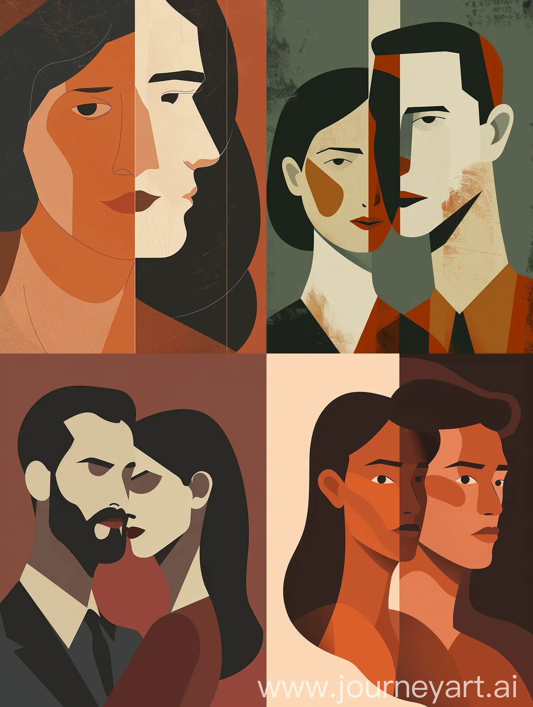 A minimalist graphic design-inspired illustration of portrait man and woman , featuring clean lines and simple shapes. The illustration showcases a rich tonal palette, with deep and subtle highlights. The image is presented as an animated GIF, adding a touch of dynamic movement to the composition. The style draws inspiration from the Bloomsbury Group, known for their avant-garde aesthetic and intellectual pursuits, resulting in a visually intriguing and sophisticated depiction
