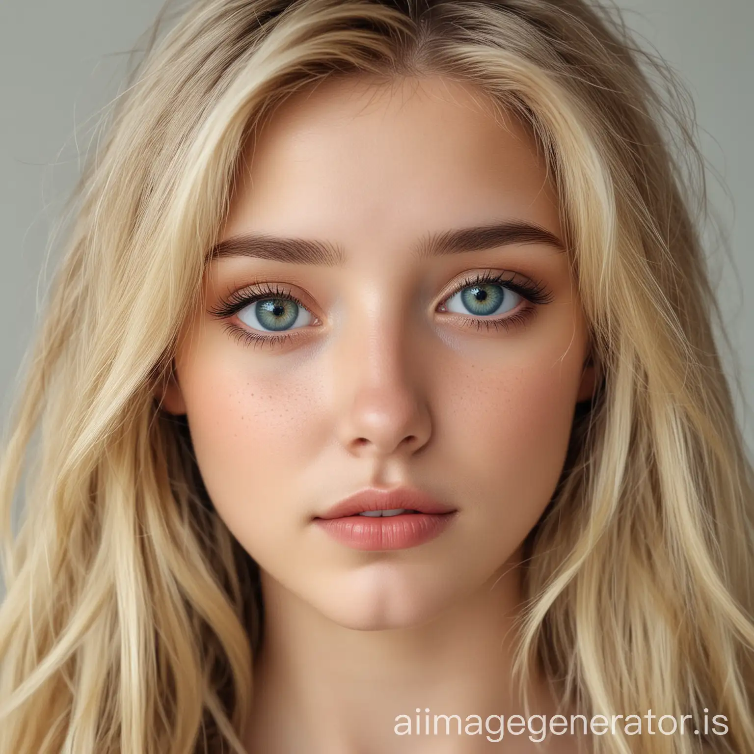a beautiful girl with bluish greenish eyes blonde hair clear skin button nose