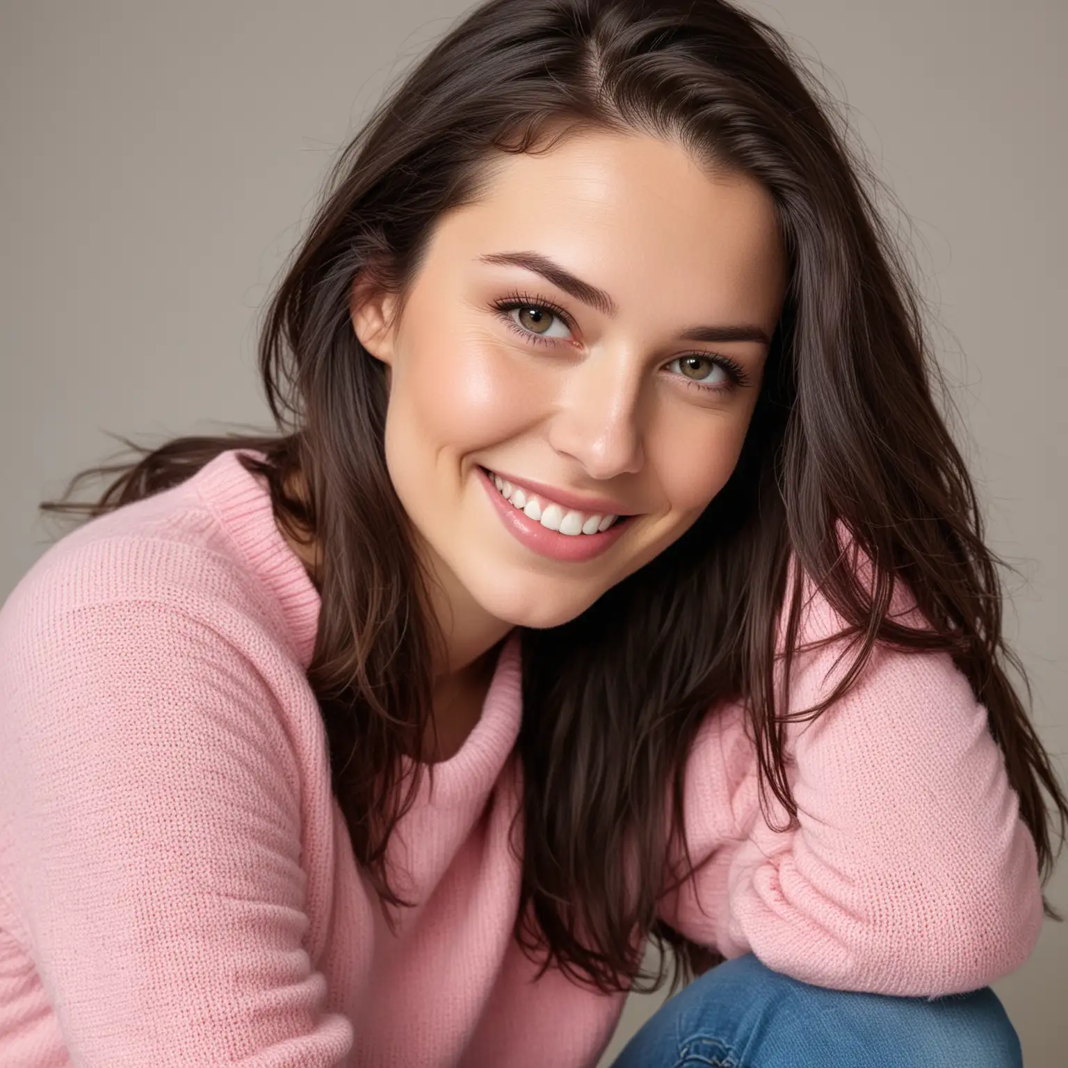 Up close 30 year old pale white woman with long big dark brown hair, wearing a pink sweater and blue jeans smiling at camera, white background